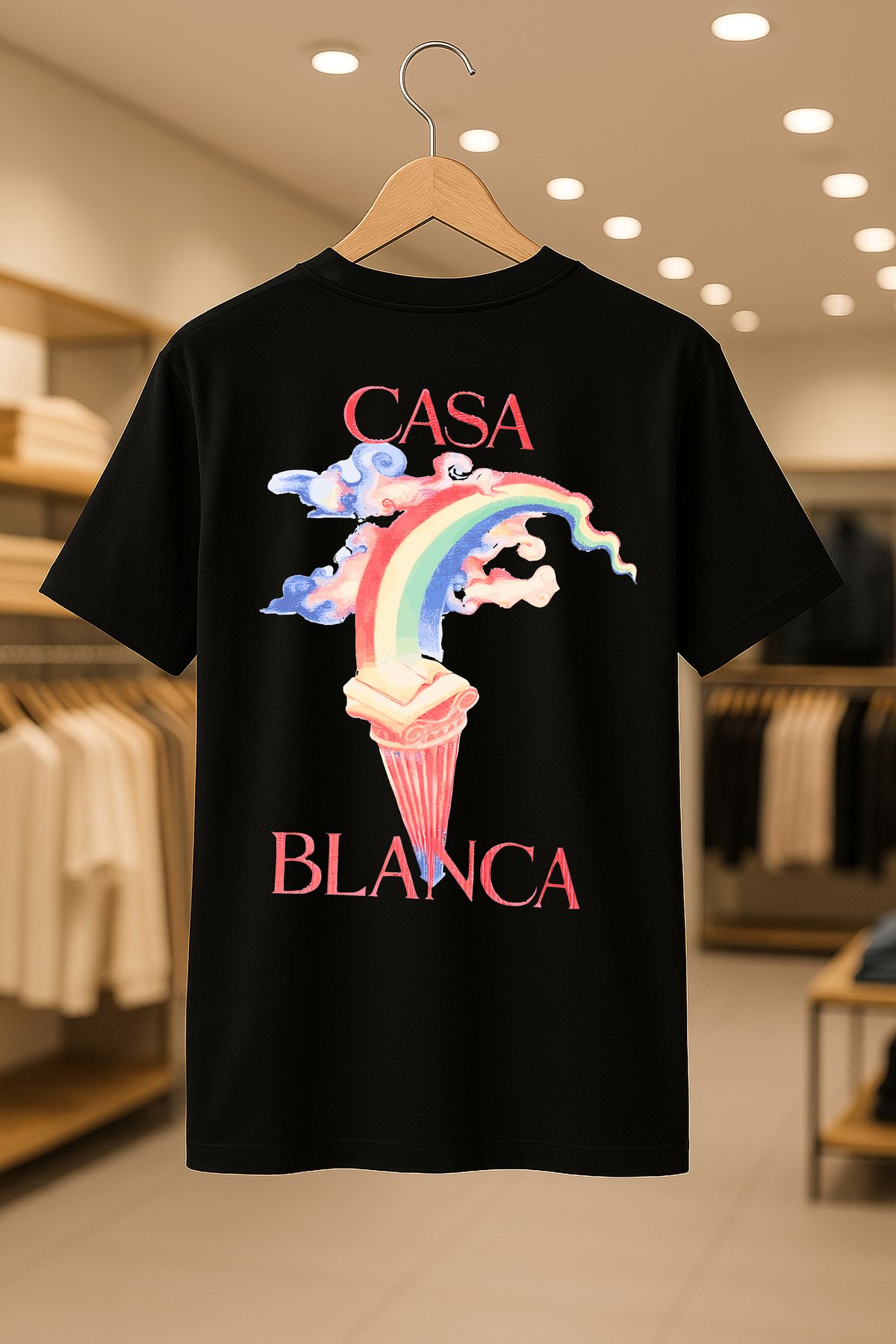 SELF CONTROL Casablanca Rainbow Baskılı Oversize Unisex %100 Pamuklu Nefes Alan Kalin Kumaşlı T-Shirt