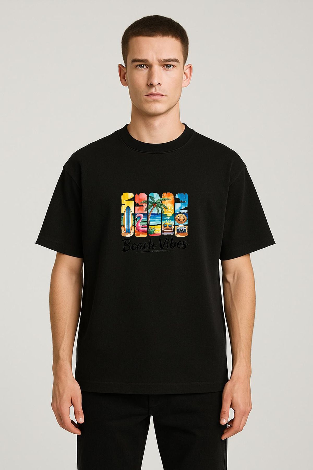 MODA Unisex Oversize Kalıp Beach Vibes Baskılı T-Shirt