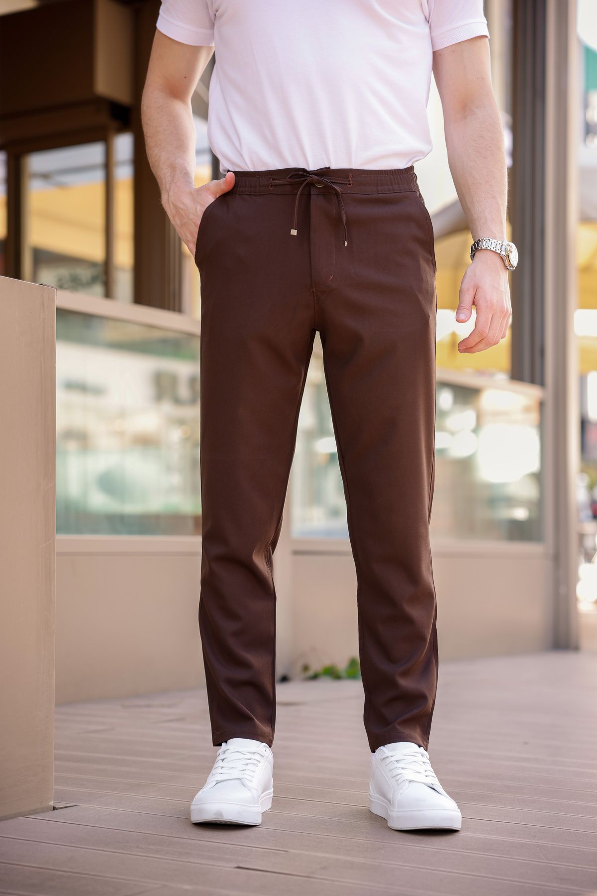 MODAMESTO Erkek Kahverengi Relaxed Fit Yandan Cepli Beli Lastikli Bağcıklı Jogger Pantolon
