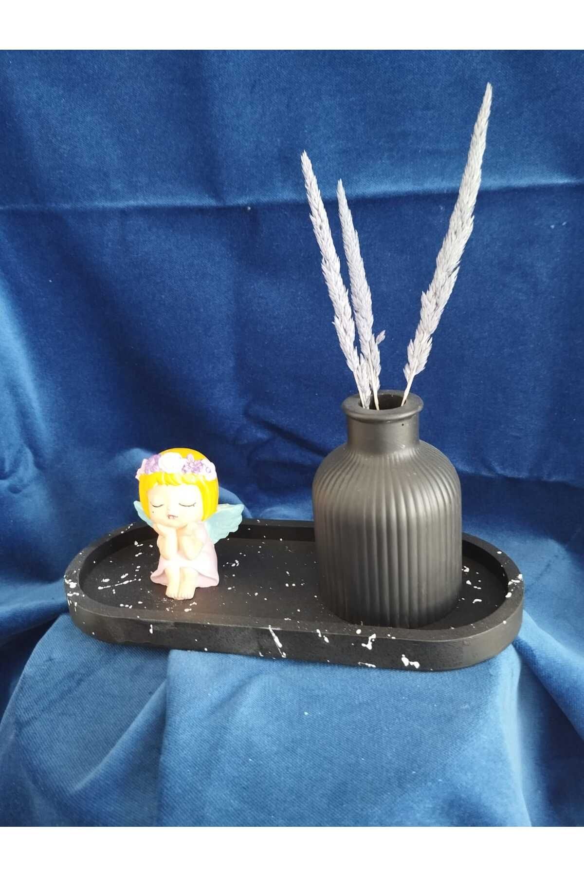 DecorWiz Dekoratif Mermer Desenli Tepsi + Bebek + Vazo 3 Lü obje