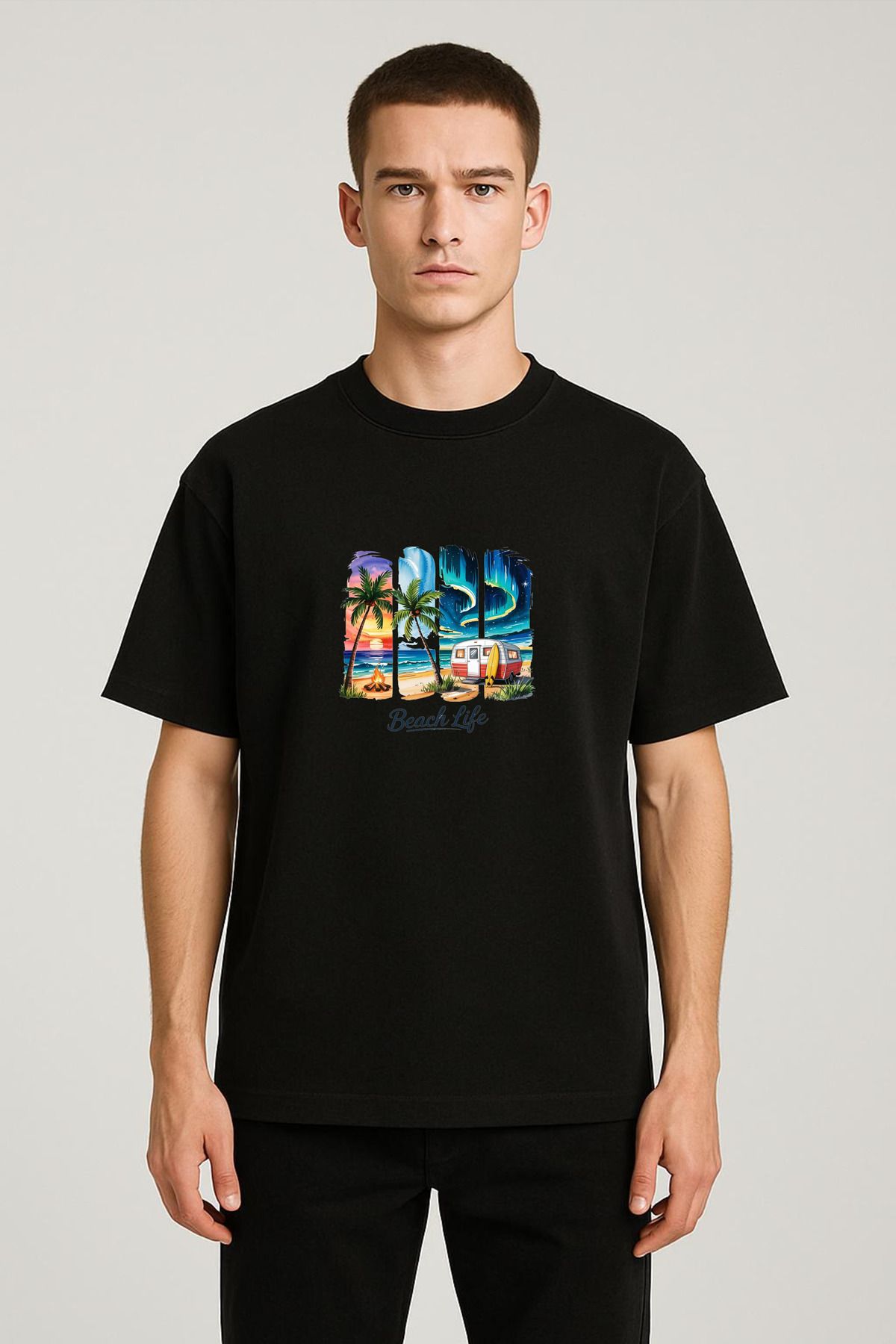 MODA Unisex Oversize Kalıp Beach Life Baskılı T-Shirt