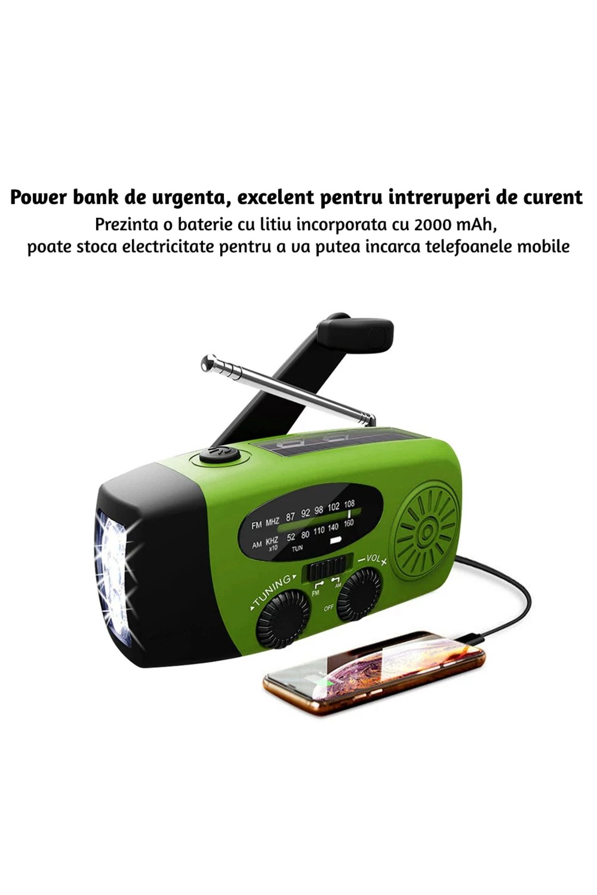 ZEQAS-Portable Solar/USB/Crank Radio 2000mAh Waterproof Power Bank with Green Flashlight 3