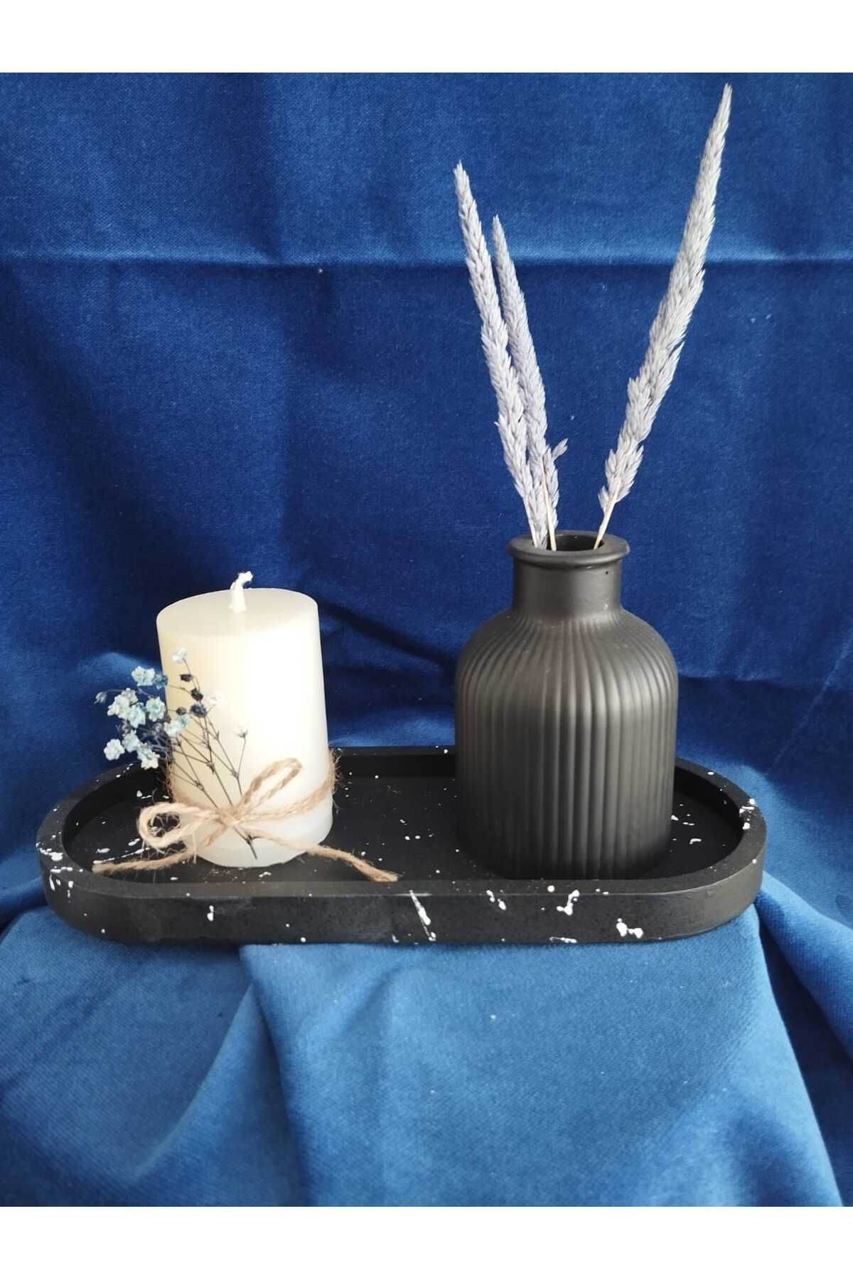 DecorWiz Dekoratif Mermer Desenli Tepsili Vazo + Şakayık Kokulu Mum