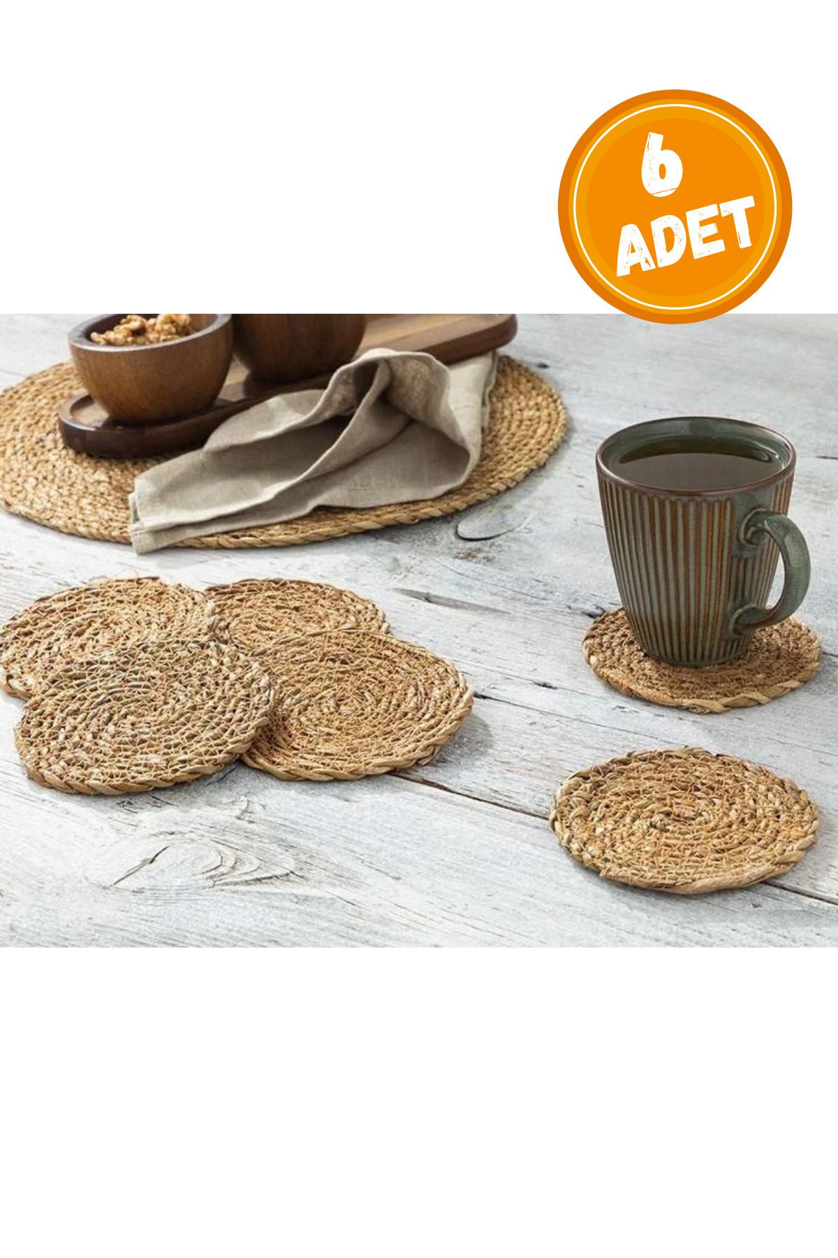 Tatlı Sebep Hasır 6'lı Bardak Altlığı 10 Cm Bej