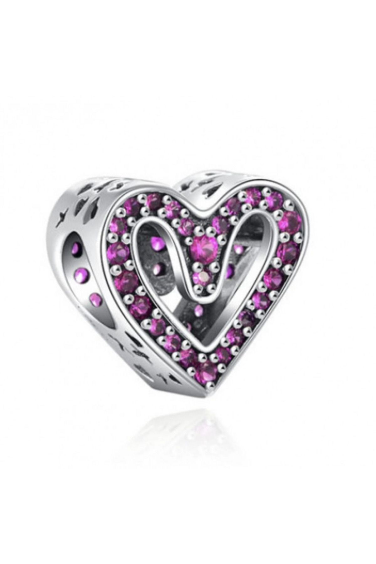 Violet Takı 925 Ayar Gümüş Pembe Taşlı Kalp Charm