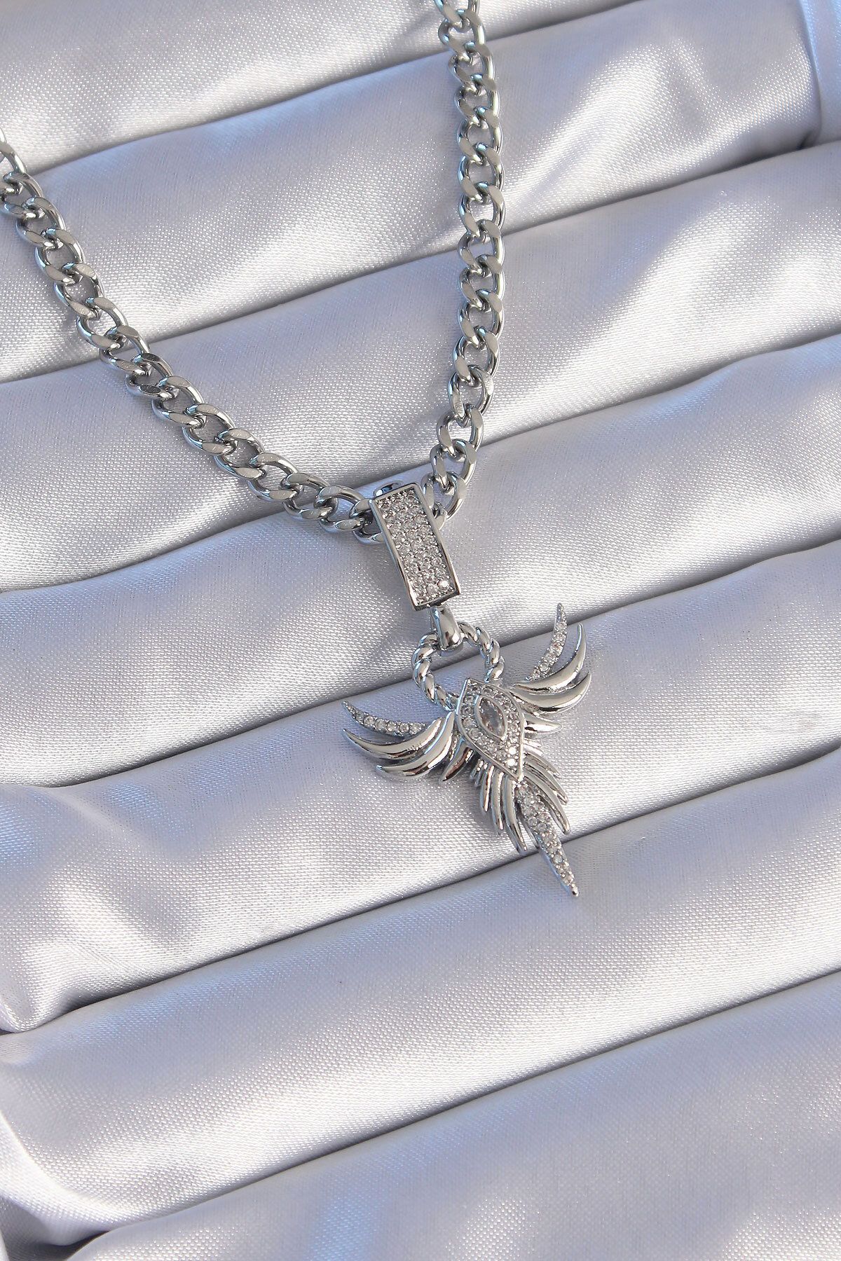 Angel Of Life 316L Çelik Gümüş Renk Zirkon Taşlı Anka Kuşu Model Kolye - TJ-BKO8896