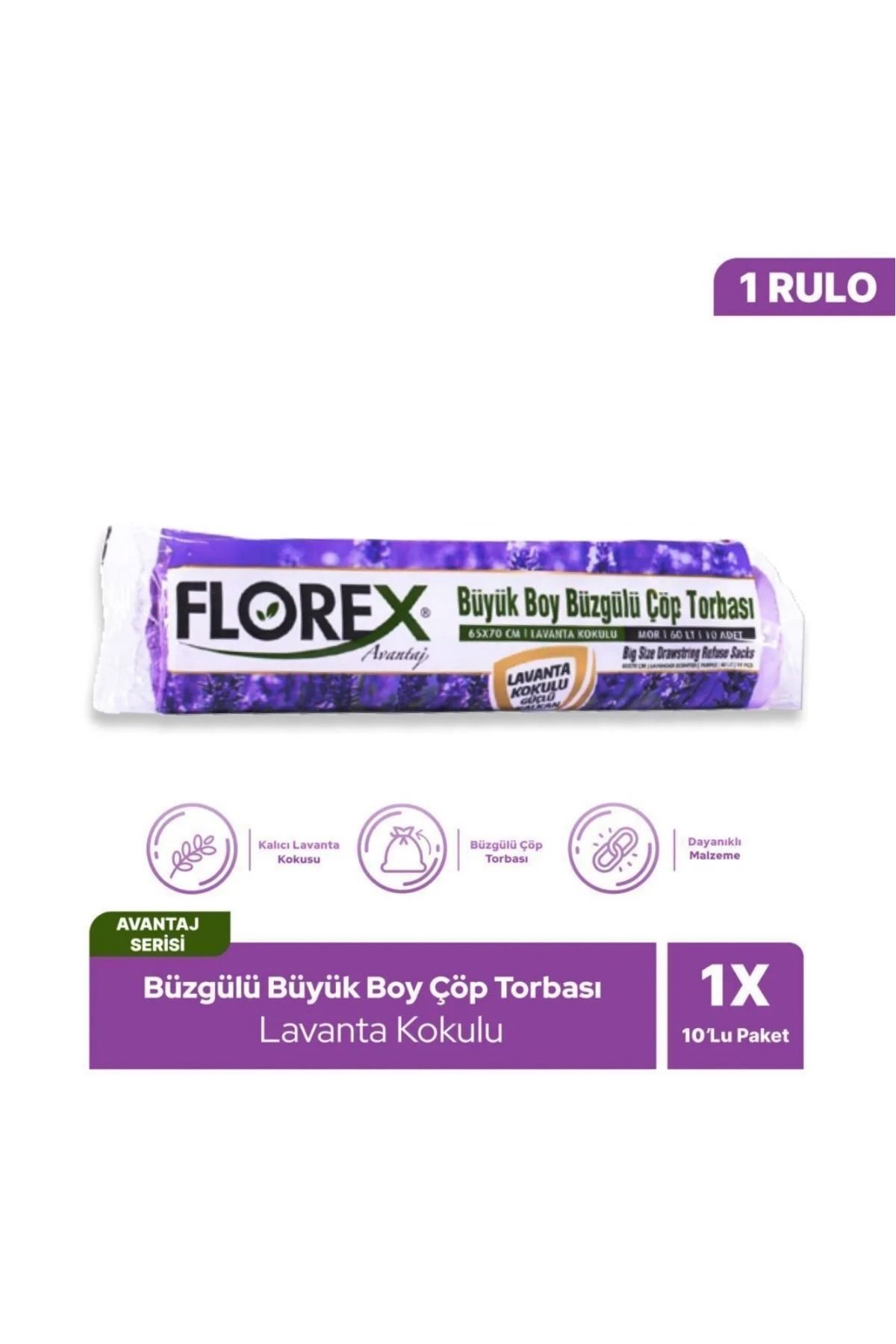 Florex Lavanta Kokulu Büzgülü Büyük Boy Çöp Torbası 55 x 60 cm 10 ADET / 130 gr