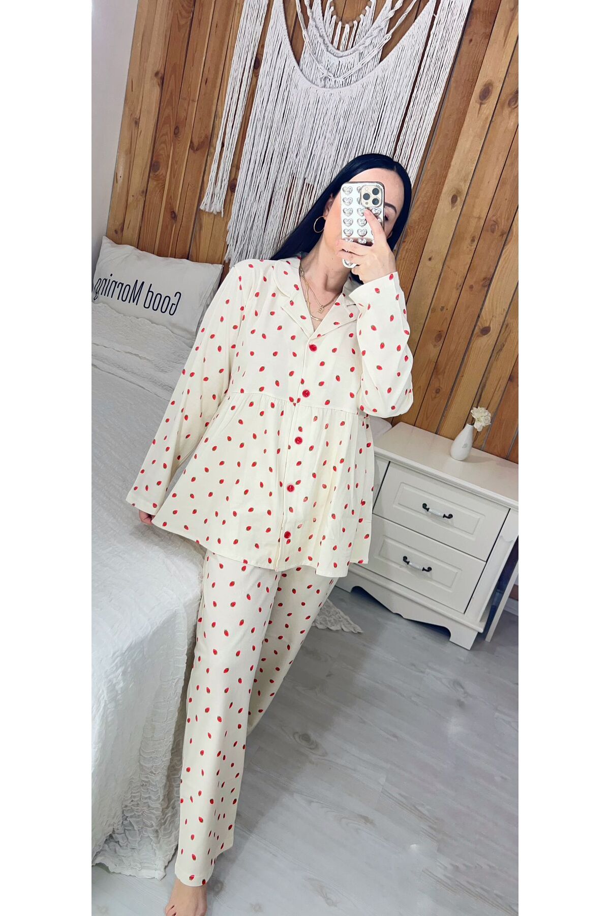 Pijamapartisi Çilek desenli uzun kol penye pamuk kumaş before after pijama takımı