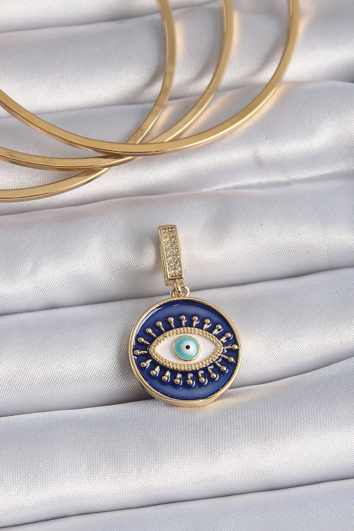 Angel Of Life Pirinç Gold Renk Zirkon Taşlı Nazar Boncuk Detaylı Göz İşlemeli Ajda Charm - TJ-BC1007