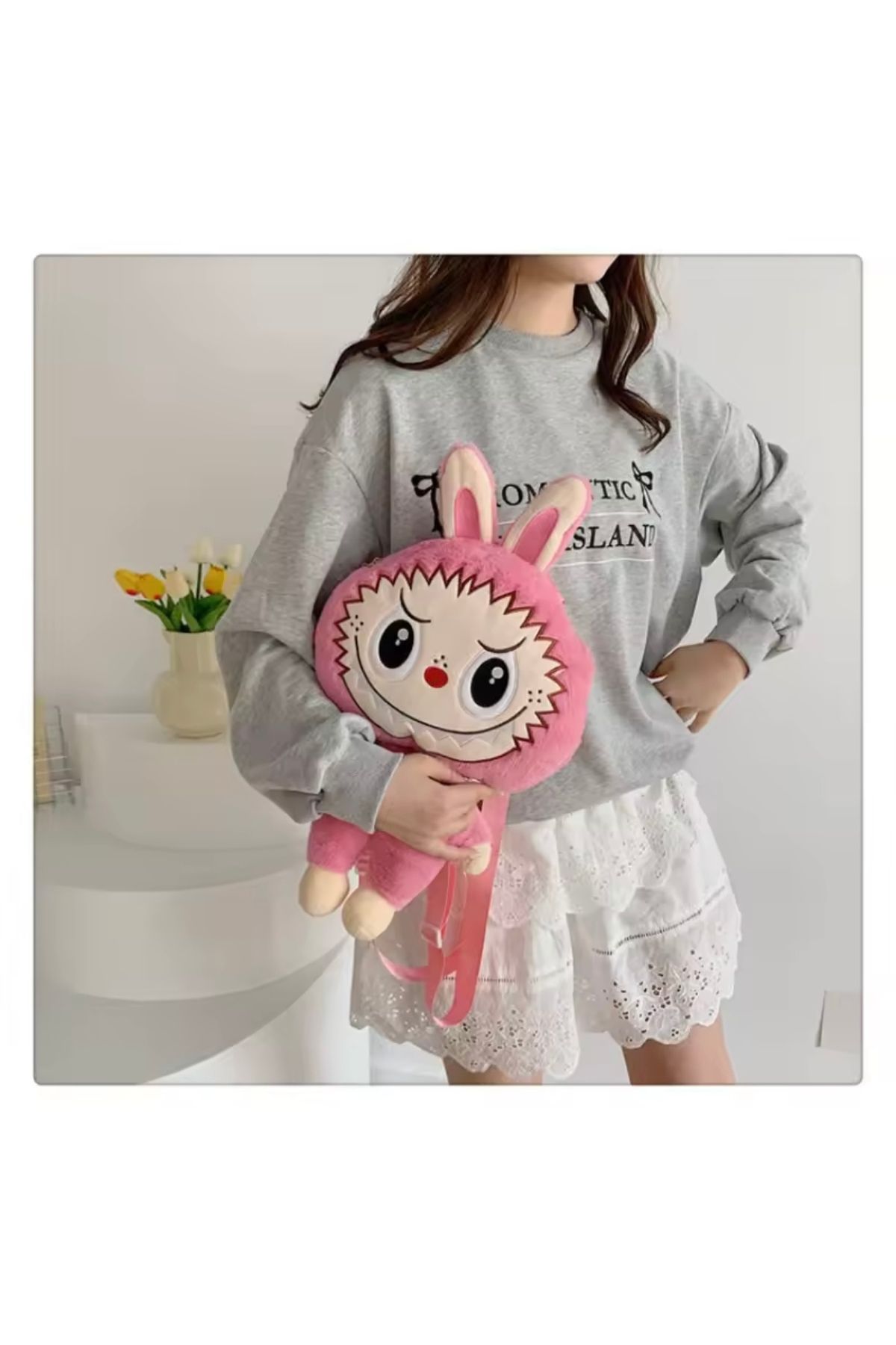 happystoretr Pembe Labubu çizgi film bebeği Büyük Kapasiteli Sırt Çantası Taşınabilir Kız Gezi Moda çantası