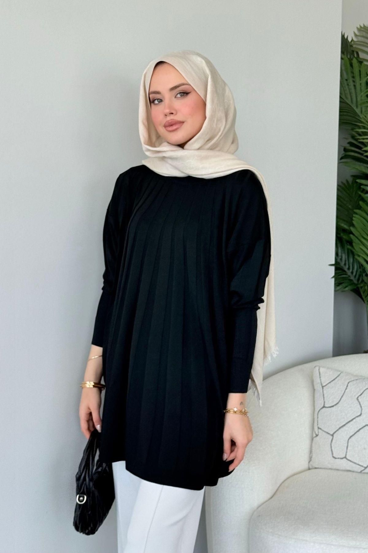 HAZA MODA Gökkuşağı Merserize Tunik Siyah