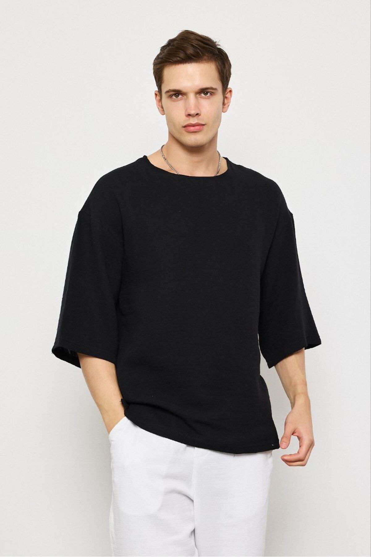 First Man Erkek Keten Fakir Kol Oversize T-shirt