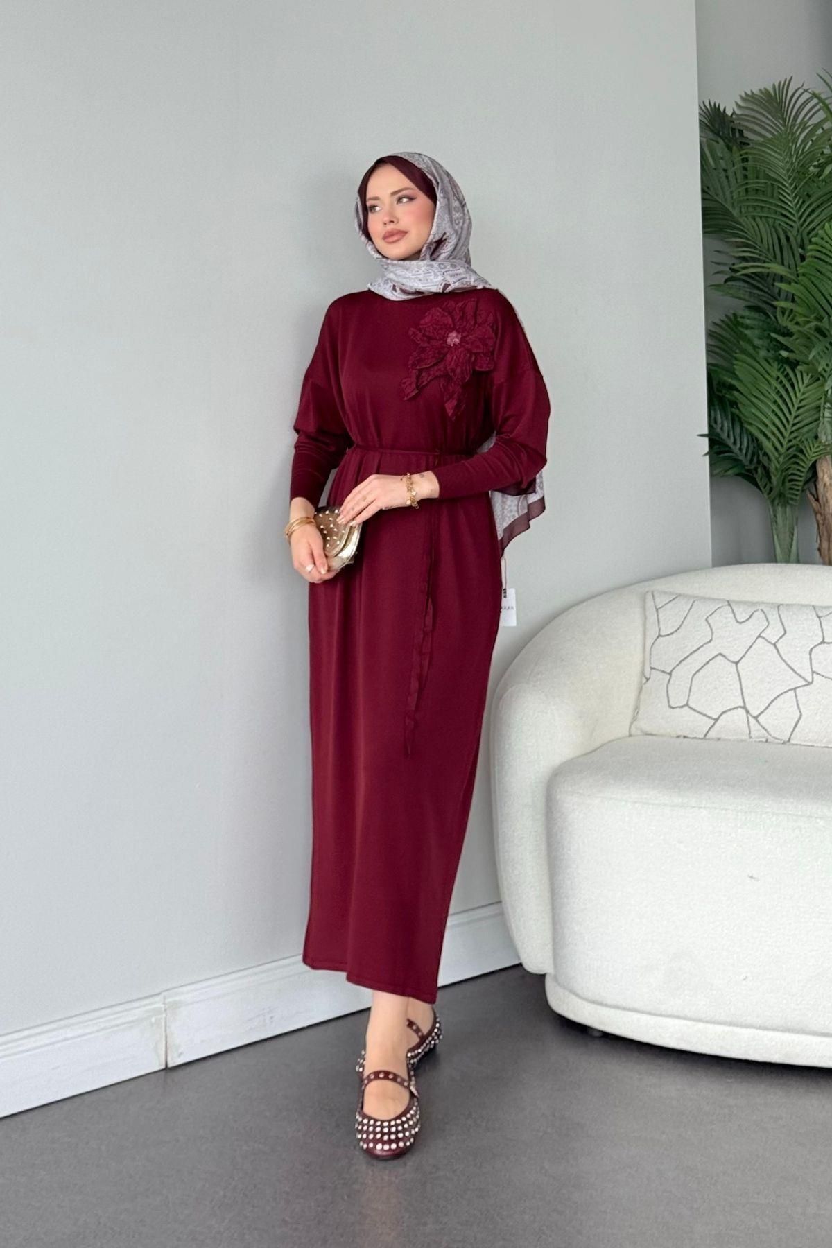HAZA MODA Zambak Merserize Elbise Bordo