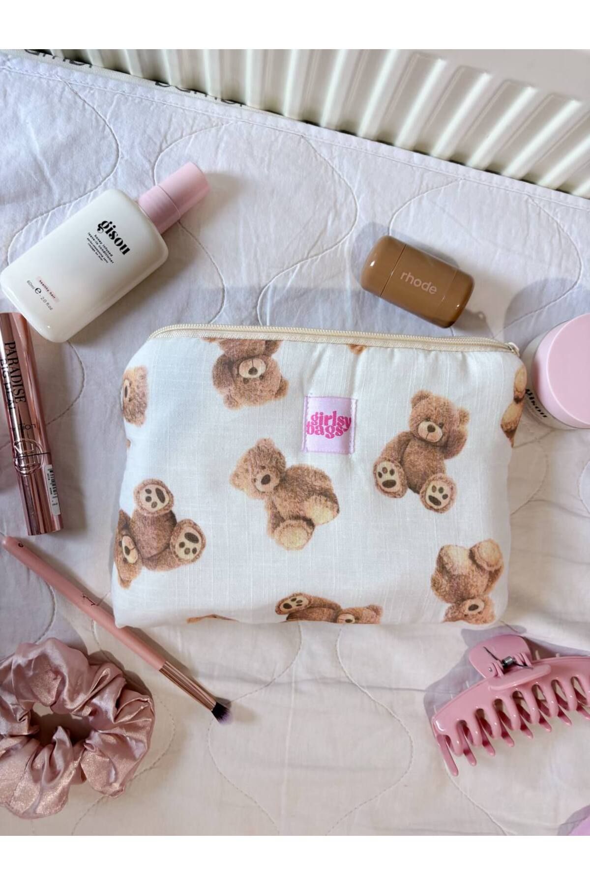 girlsybags Ayıcıklı Beyaz Makyaj Çantası Portföy Çanta Kare Organizer Çanta Fermuarlı Büyük Cüzdan