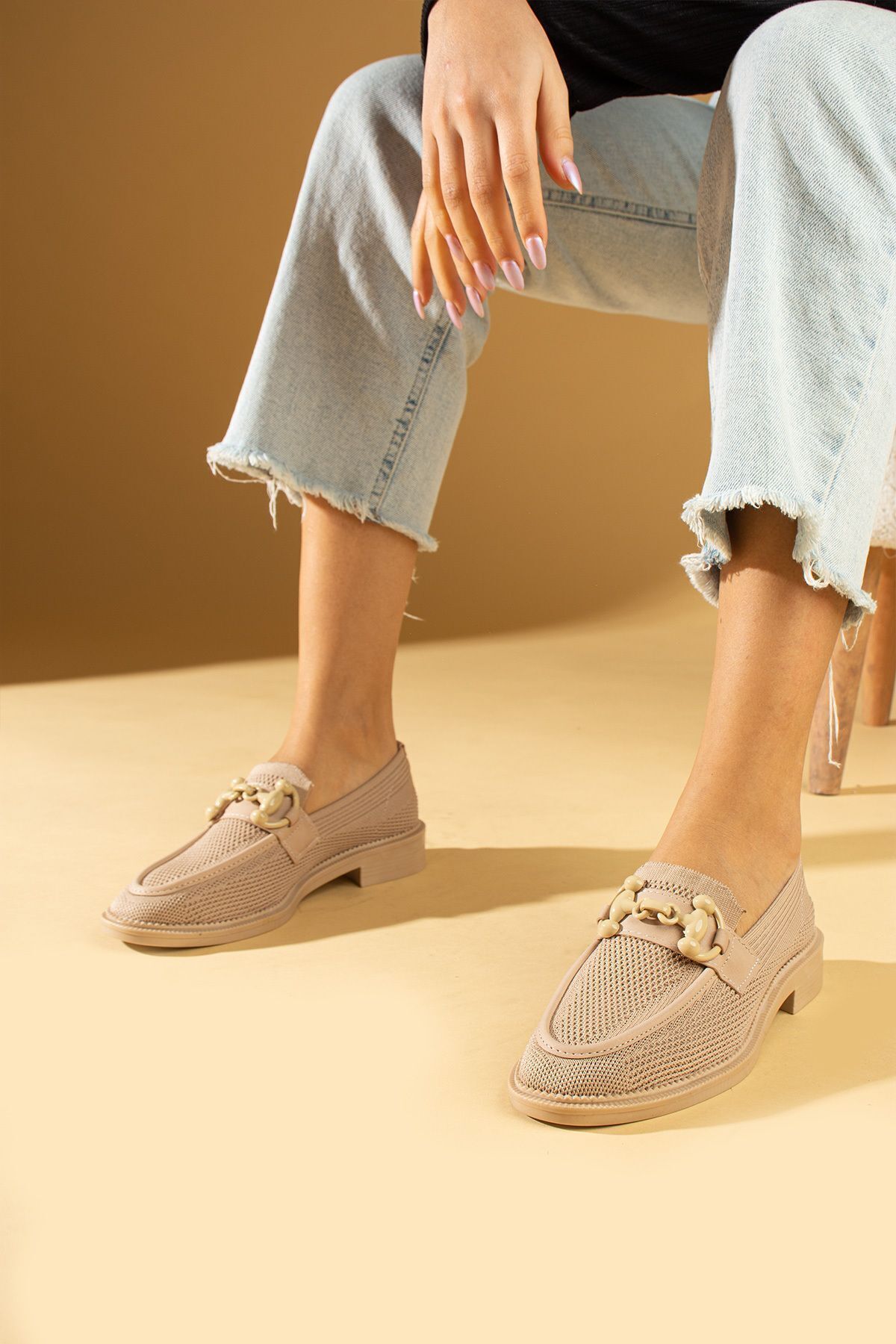 Pembe Potin Kadın Nut Bej Krem Loafer Makosen Casual Tokalı Günlük Rahat Taban Ayakkabı