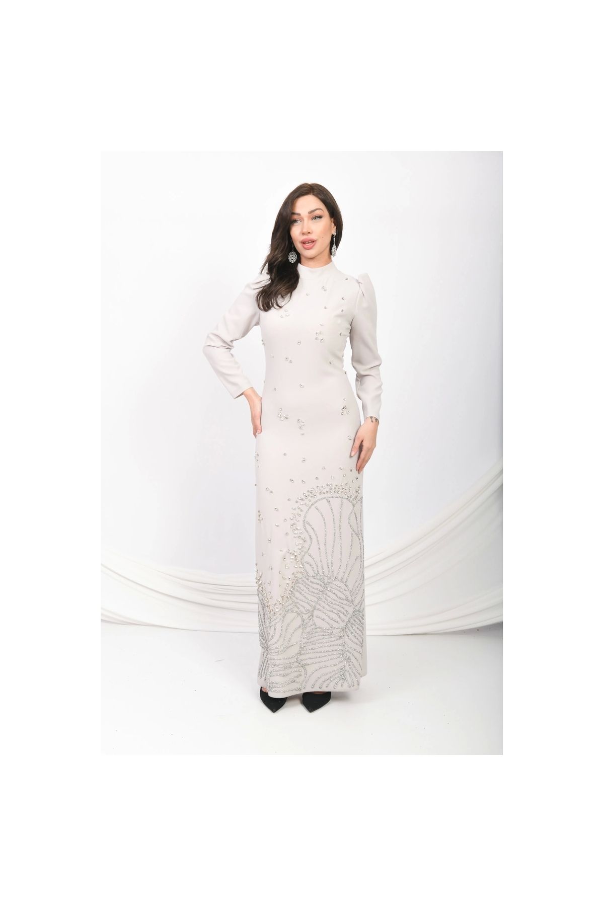 Moda Sezaver Tesettür Abiye | Nikah Elbisesi | Asil Duruş Krep Abiye - Taş