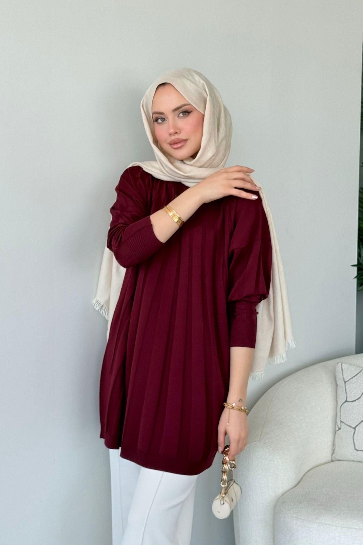 HAZA MODA Gökkuşağı Merserize Tunik Bordo