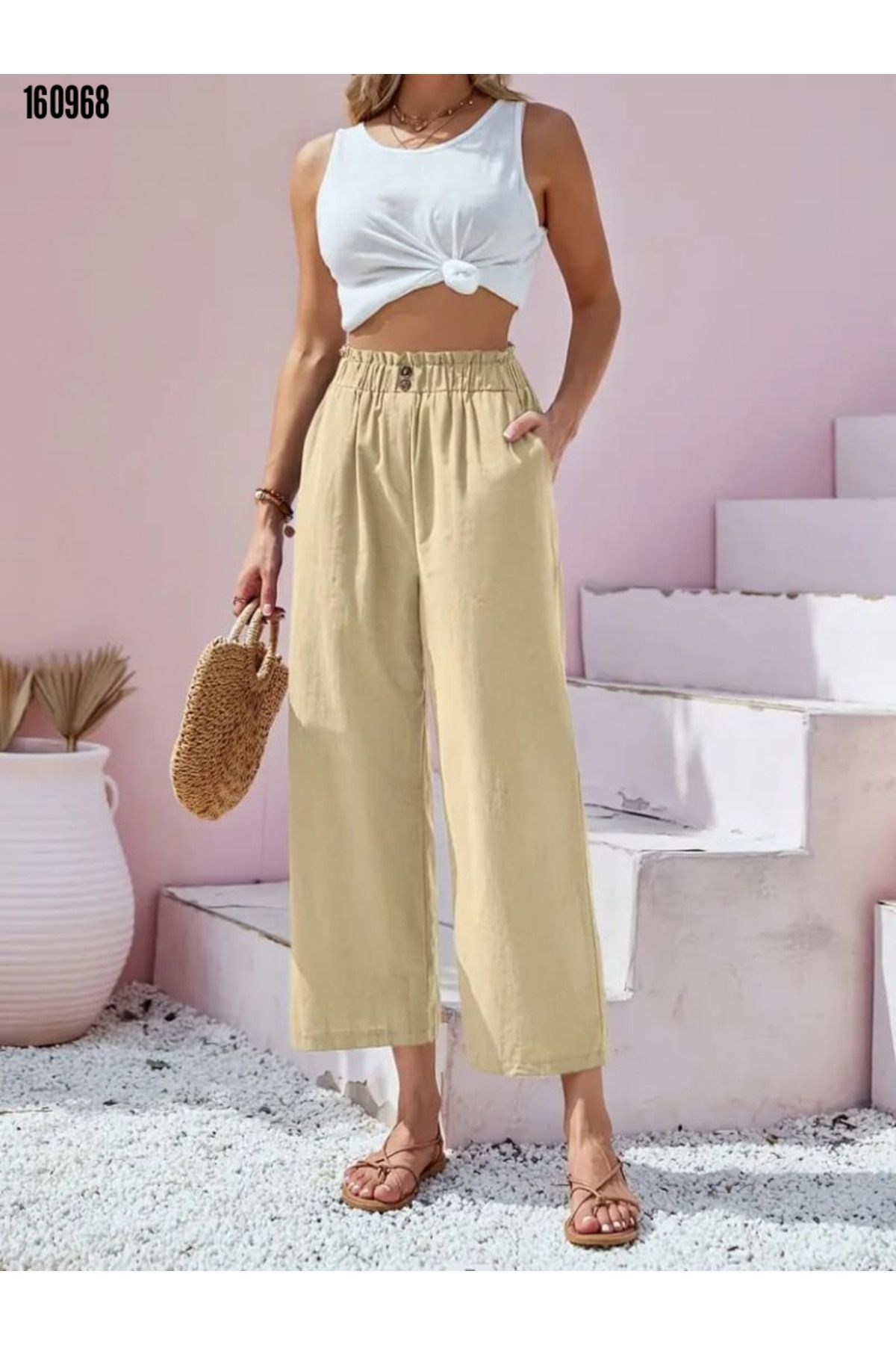 BZ Boutique Beli Büzgülü Kapri Keten Büyük Beden Pantolon 160968
