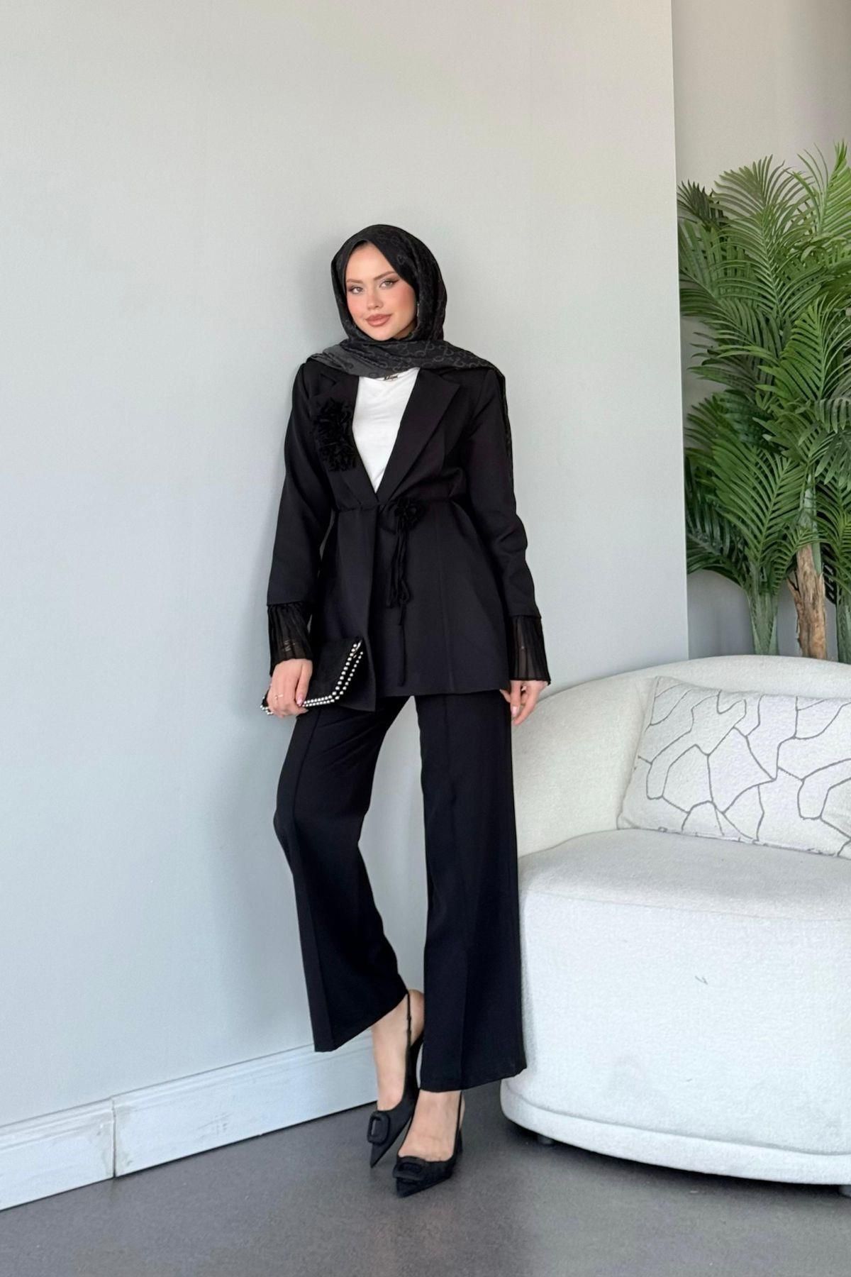HAZA MODA İzel Kolu Piliseli Takım Siyah