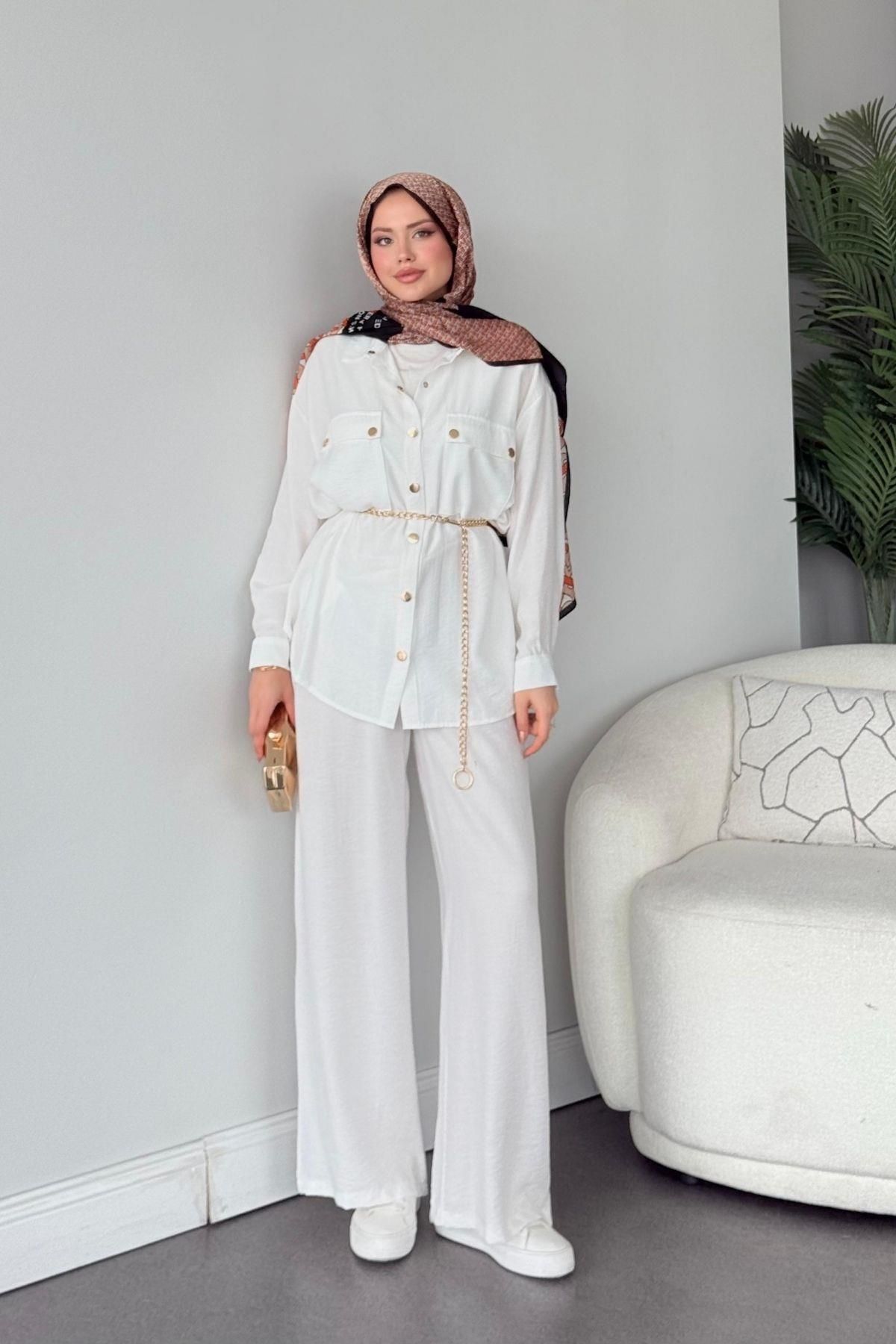 HAZA MODA Şanel Çıtçıt Takım Beyaz