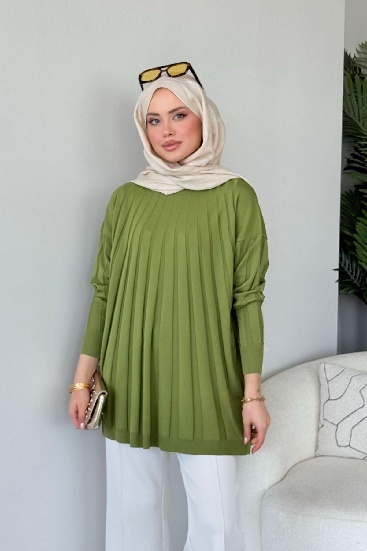 HAZA MODA Gökkuşağı Merserize Tunik Yağ Yeşili