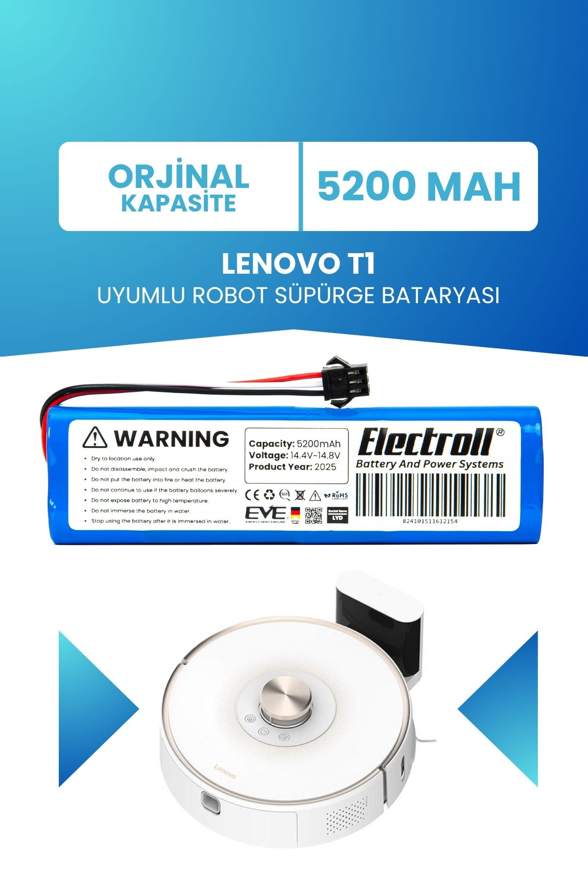 ELECTROLL Lenovo T1 Uyumlu Batarya (STANDART KAPASİTE) 5200mah Pil Robot Süpürge Bataryası Değişimi