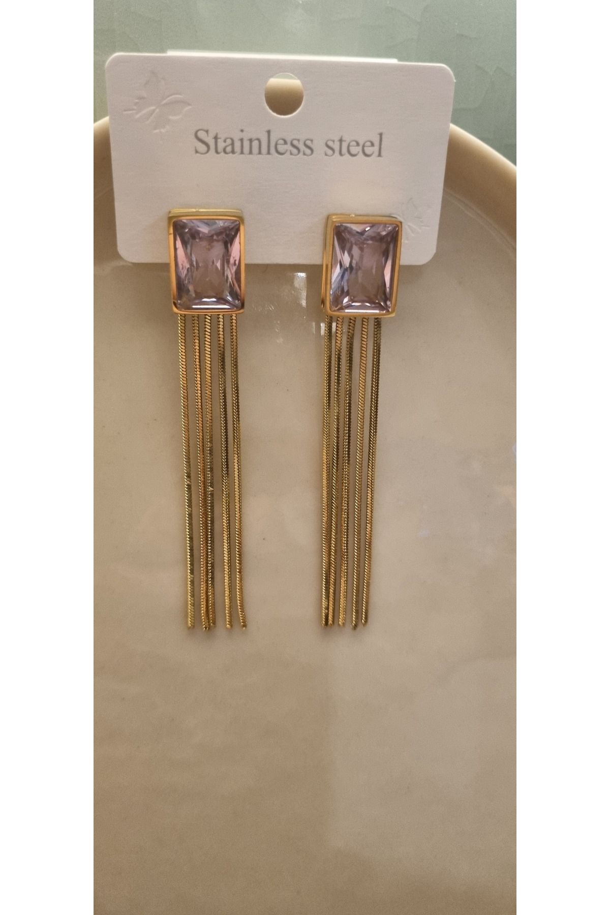 AKSESUARIM ZİRKON TAŞLI,İTALYAN ZİNCİRLİ ,SALLANTILI ŞIK,TASARIM ÇELİK KÜPE( 9 CM )