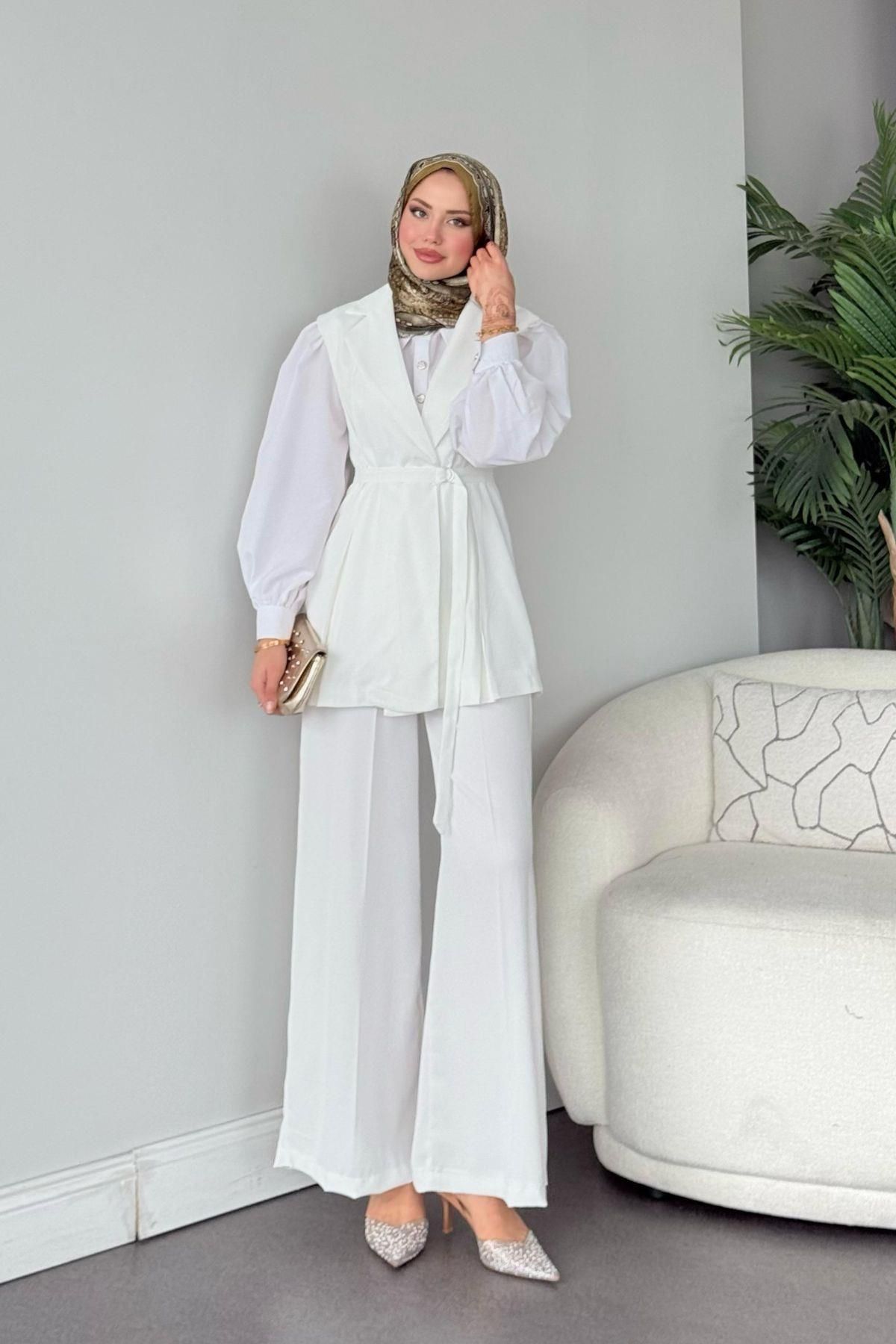 HAZA MODA Rana Yelekli Takım Beyaz