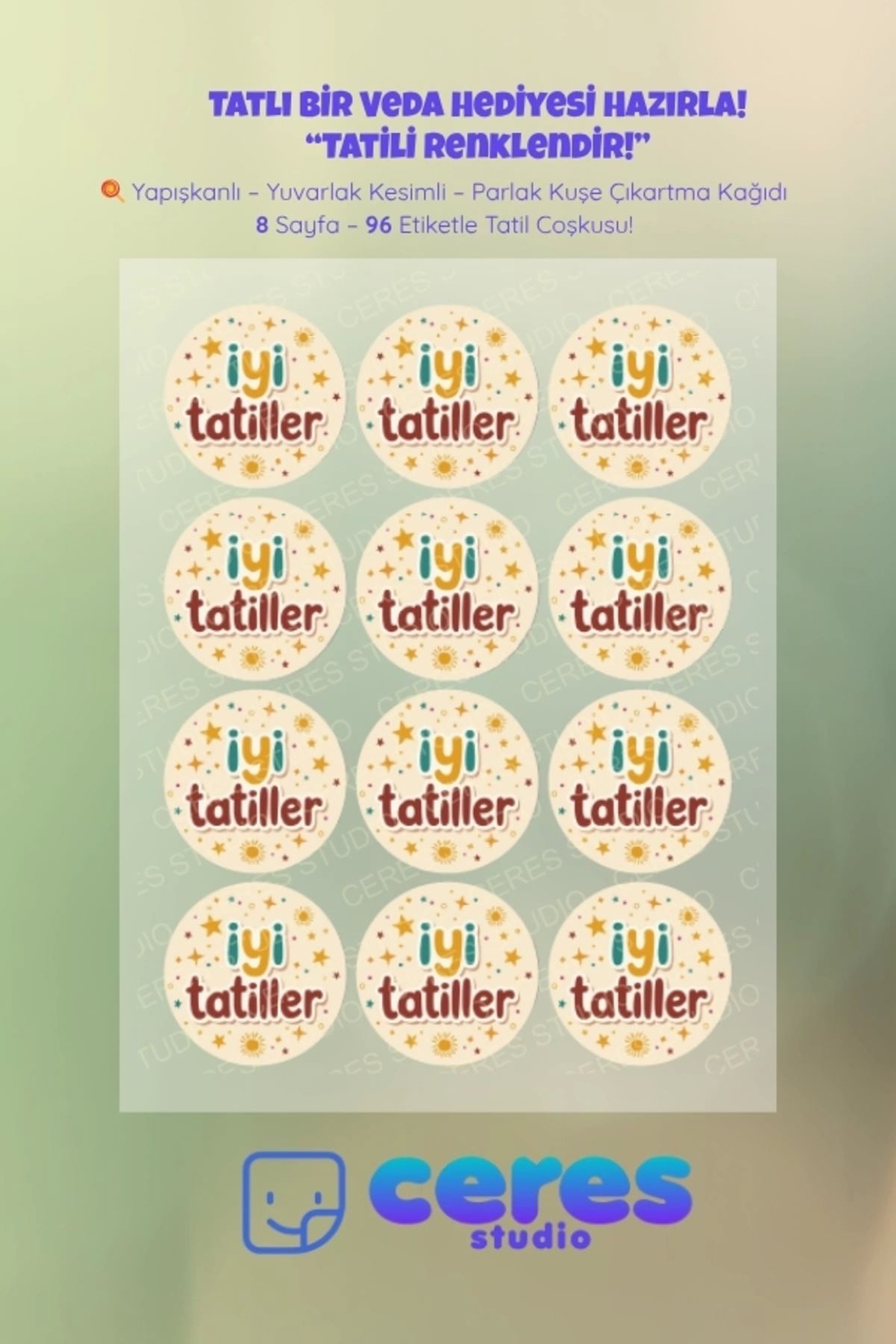 Ceres Studio İyi Tatiller Sticker Seti - 96 Adet Yuvarlak Etiket | Yapışkanlı, Parlak Kuşe Çıkartma Kağıdı
