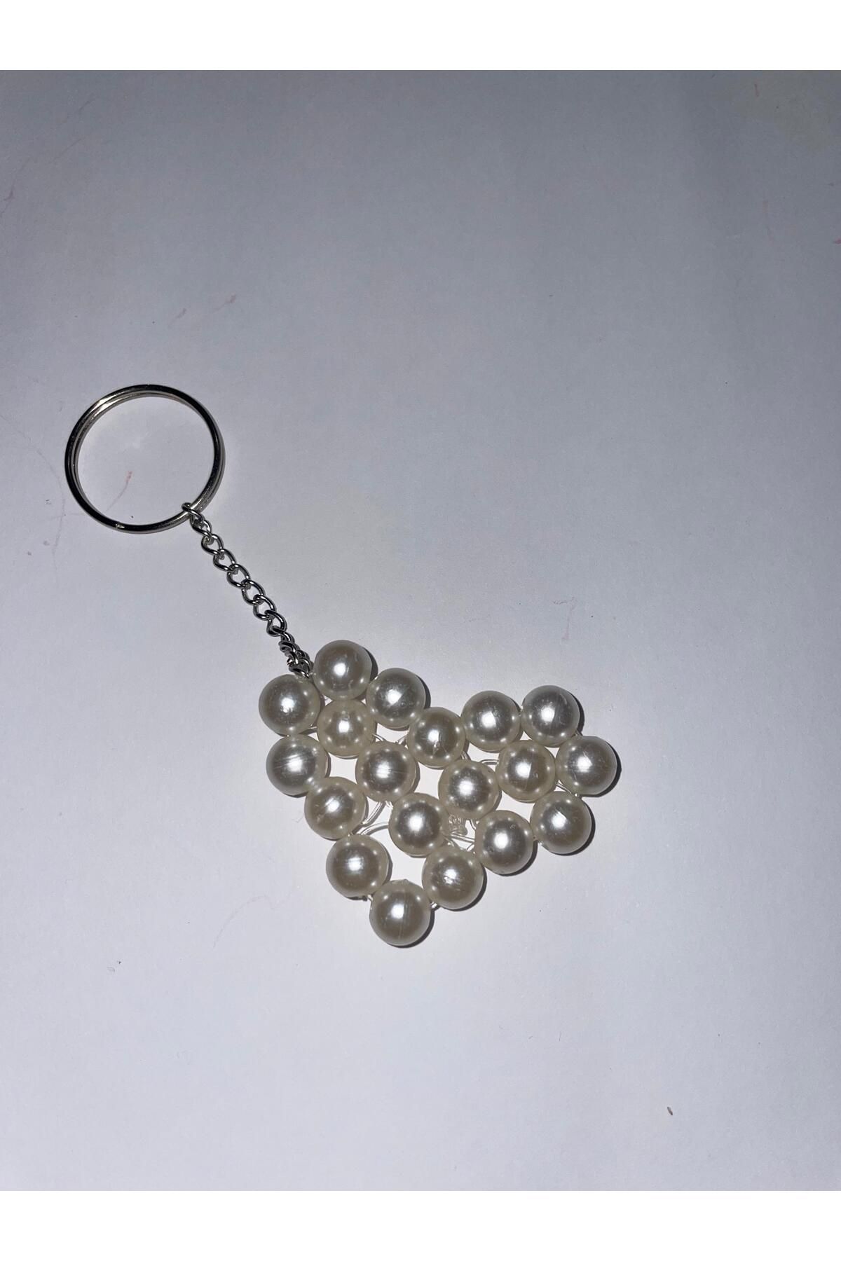 HEDİYE MAĞAZASI 30 Adet İnci Boncuklu Kalp Anahtarlık Beyaz (8mm) Düğün, Nişan, Sünnet, Doğum Günü