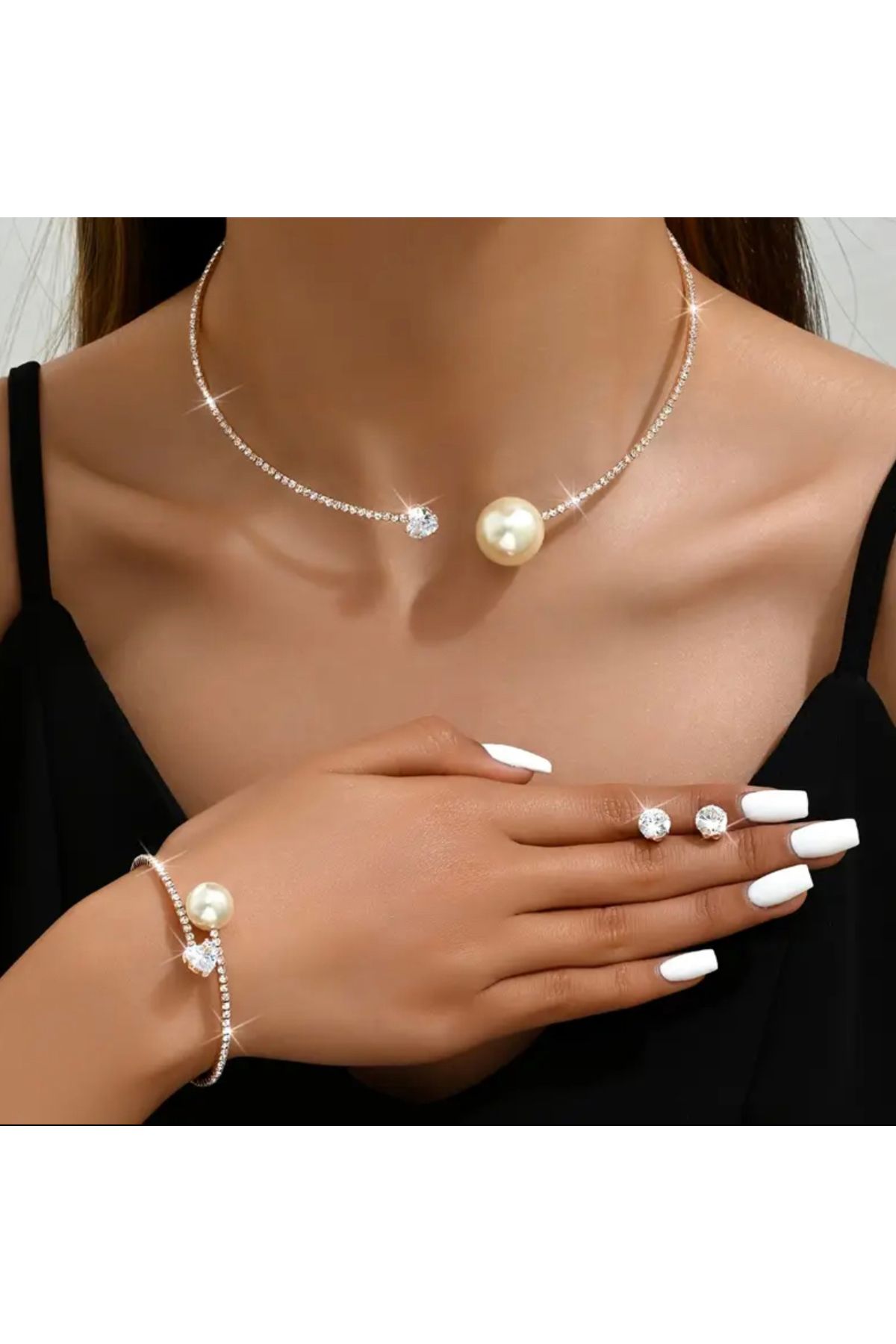 NISHPOINT TAŞLI VE İNCİLİ CHOCKER KOLYE BİLEKLİK KÜPE SET