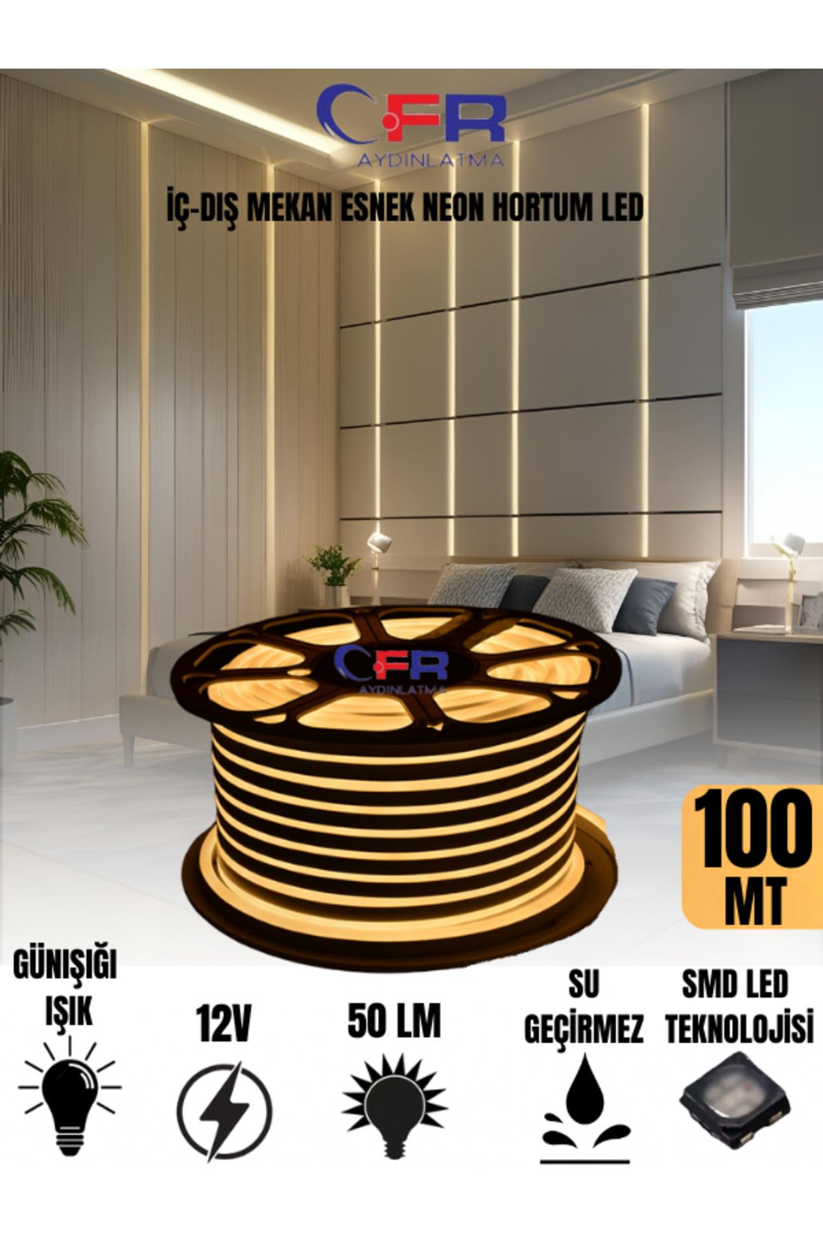 CFR LED AYDINLATMA Neon Hortum Şerit Led Günışığı, Rengi + 220v Fiş/3,4,5,10,15,20,25,50,100 Metre