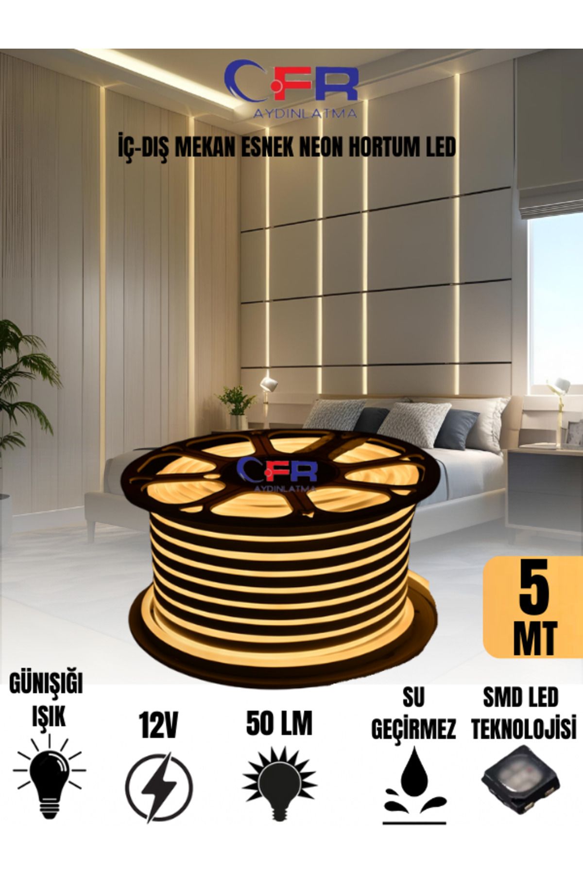 CFR LED AYDINLATMA Neon Hortum Şerit Led Günışığı, Rengi + 220v Fiş/3,4,5,10,15,20,25,50,100 Metre