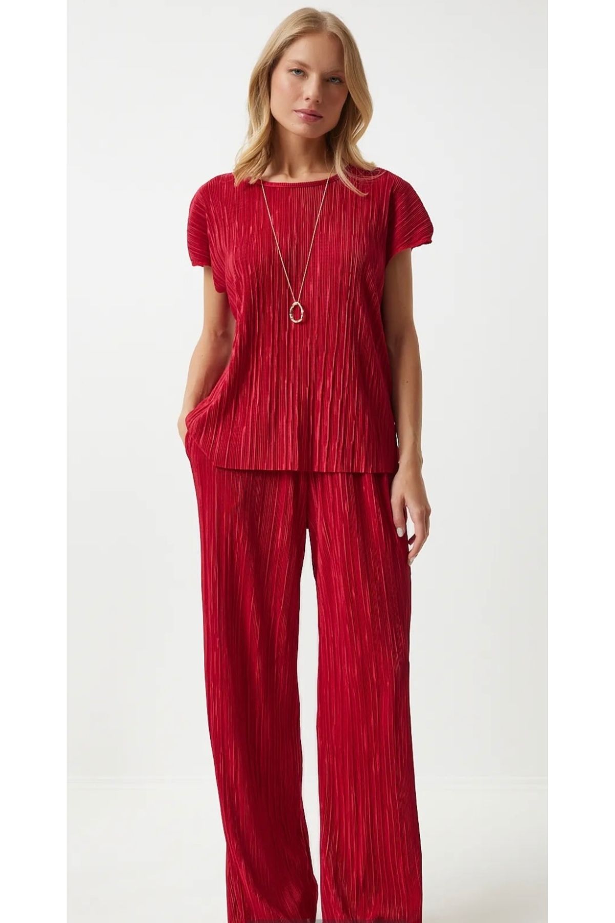 Lotus Bordo Piliseli Bluz ve Pantolon İkili Takım