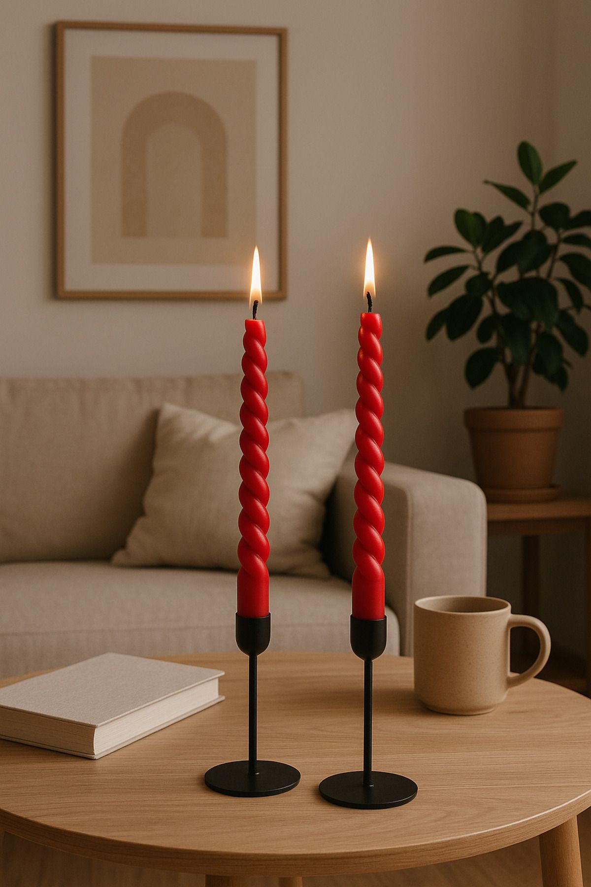 Glowry Home Kırmızı Burgu Spiral Mum 2'li Set – Dekoratif Şamdan Mum (20 cm)