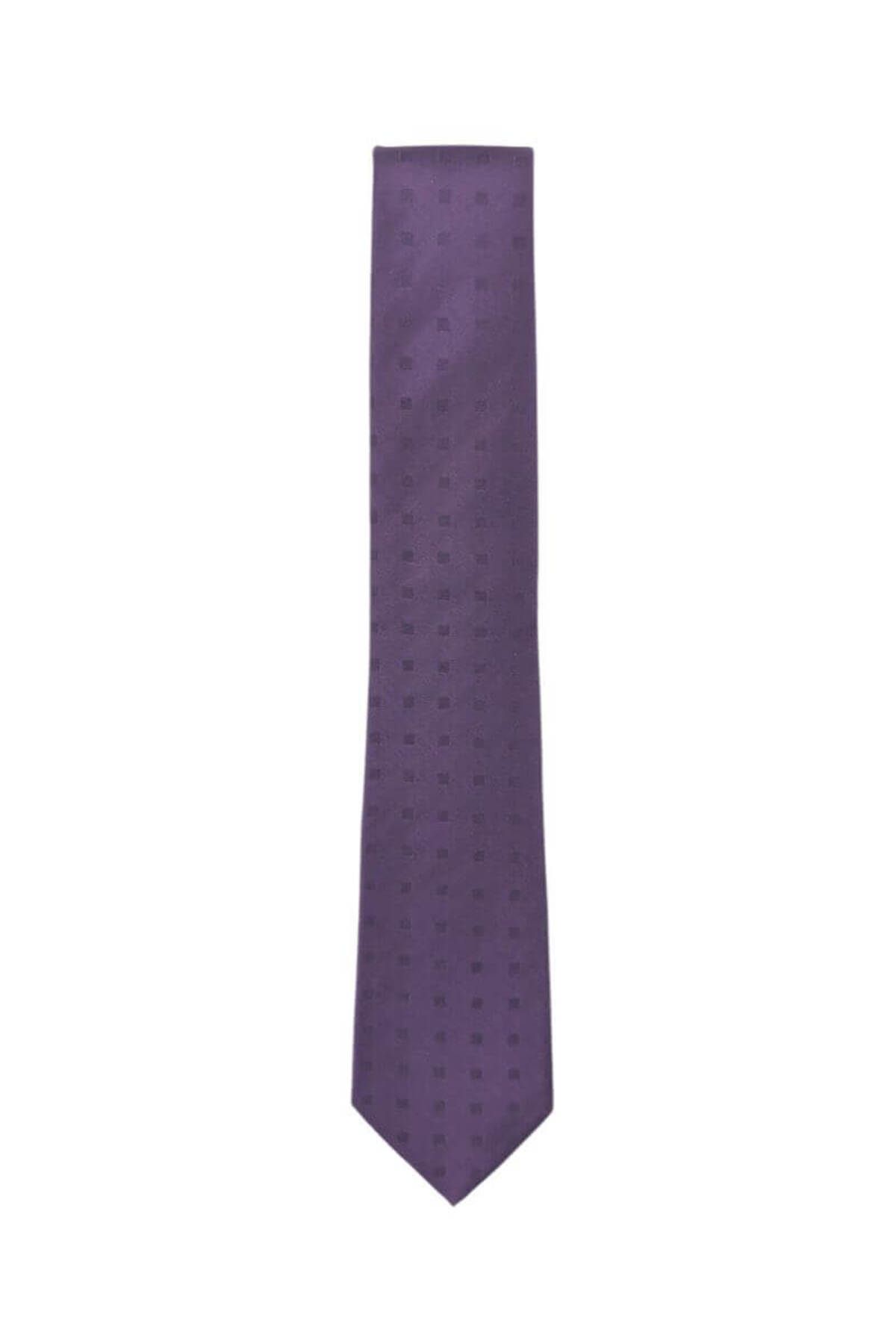 1001 Kravat Minimal Kare Desenli 7,5 Cm Genişliğinde Mor Renkli Saten İpek Kravat