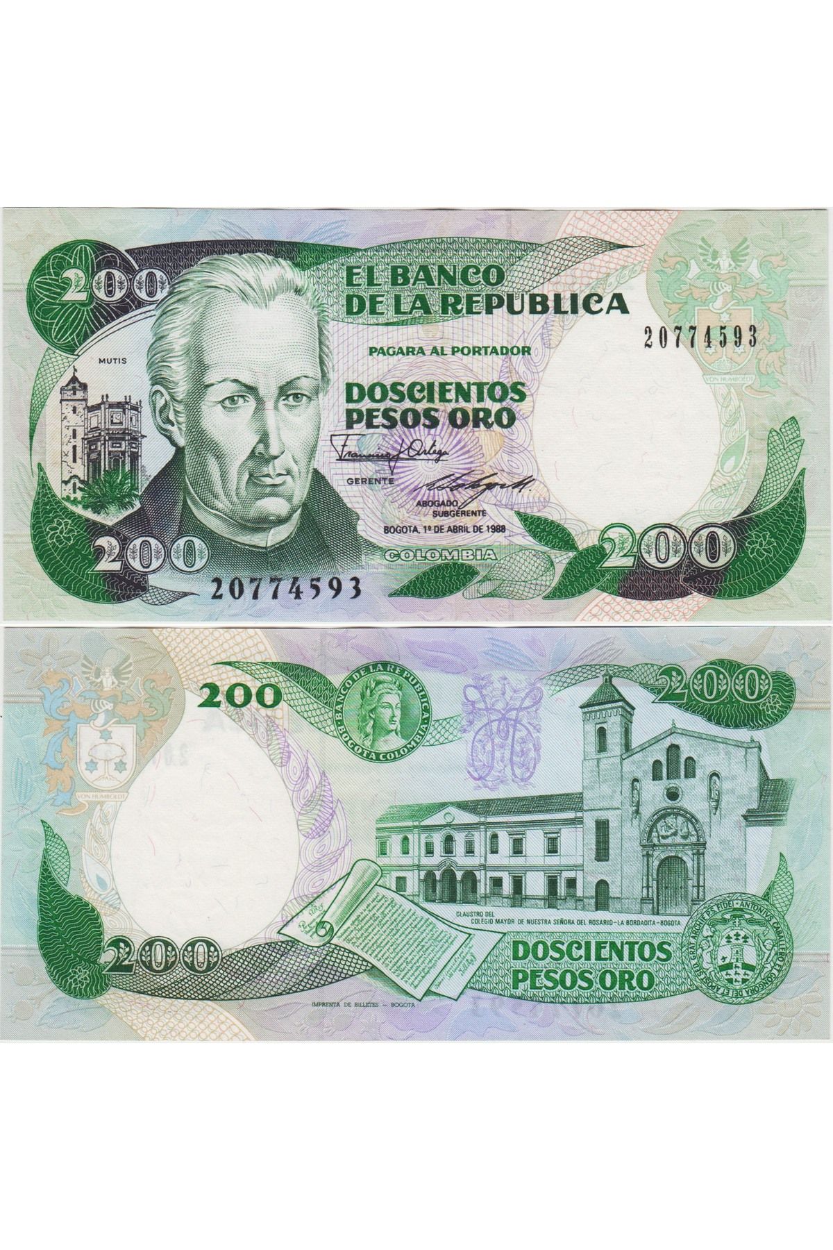 Banknoting KOLOMBİYA 200 PESO 1988 NADİR TARİH. SİMON BOLİVAR BÜSTLÜ. ÇİL(-) KONDİSYON