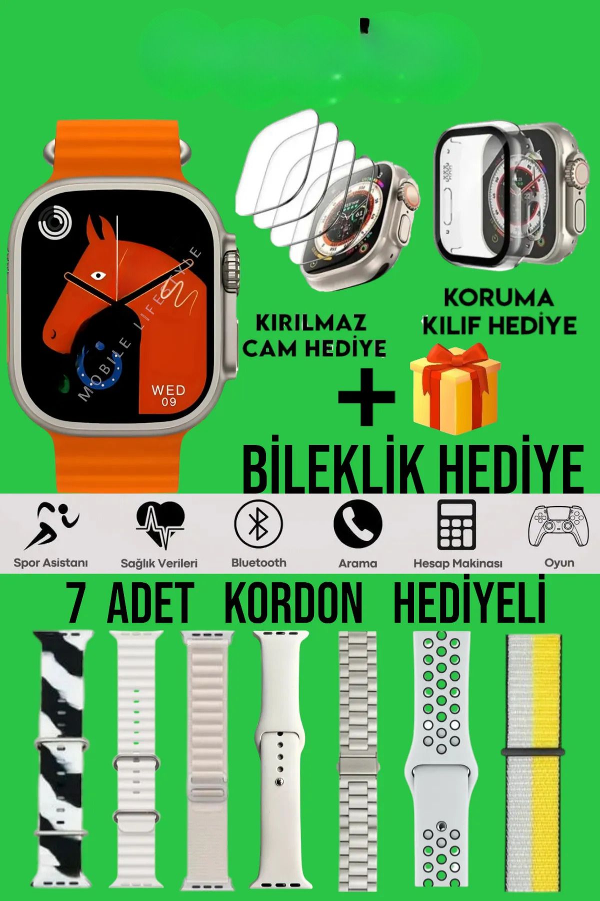KALİTESENİNLE Watch Ultra 2 Akıllı Saat +7 Kordon+ Kırılmaz Cam +Kılıf Ve Bileklik Hediyeli Oyunlu Özel Set