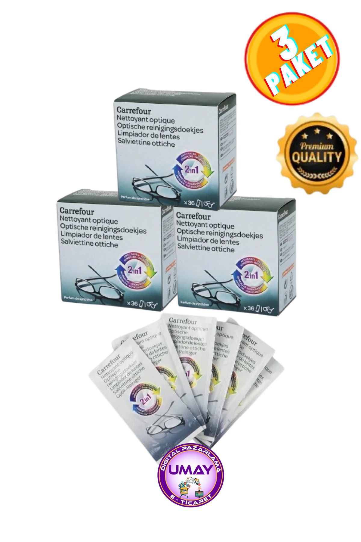 Carrefour 3 Paket 36'lı Gözlük Camı Kamera GSM Kask Camı ve Cihaz Ekranları Temizleme Islak Mendili