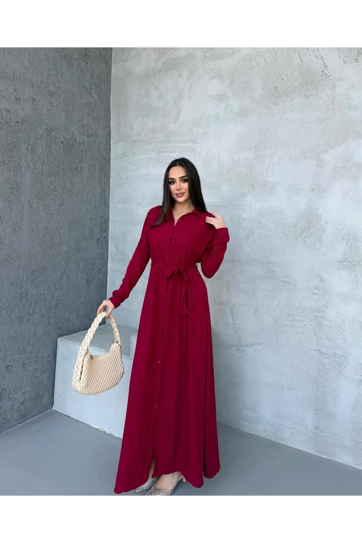Anna Moda Kuşaklı Bordo Düz Elbise