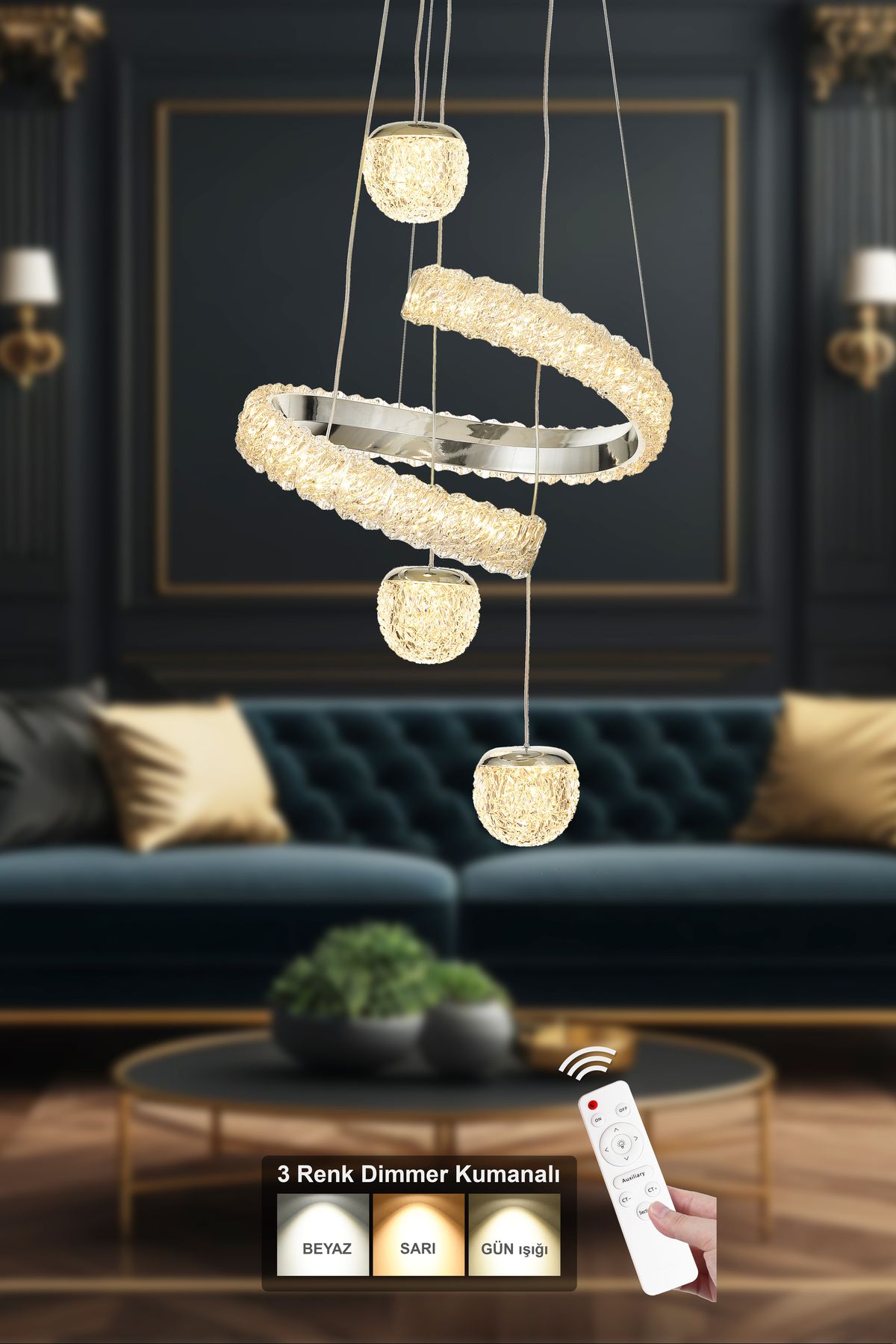 Avizemoda Milly 3'lü Dimmer Kumandalı 3 Renk Ledli (SARI-BEYAZ-GÜN IŞIĞI) Modern Akrilik Avize - Krom
