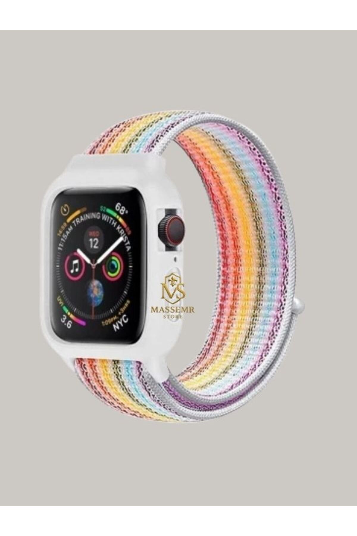Massemr Apple Watch 44mm Uyumlu Hasırlı Cırtcırtlı Manyetik Kasalı Şık Akıllı Saat Kordonu