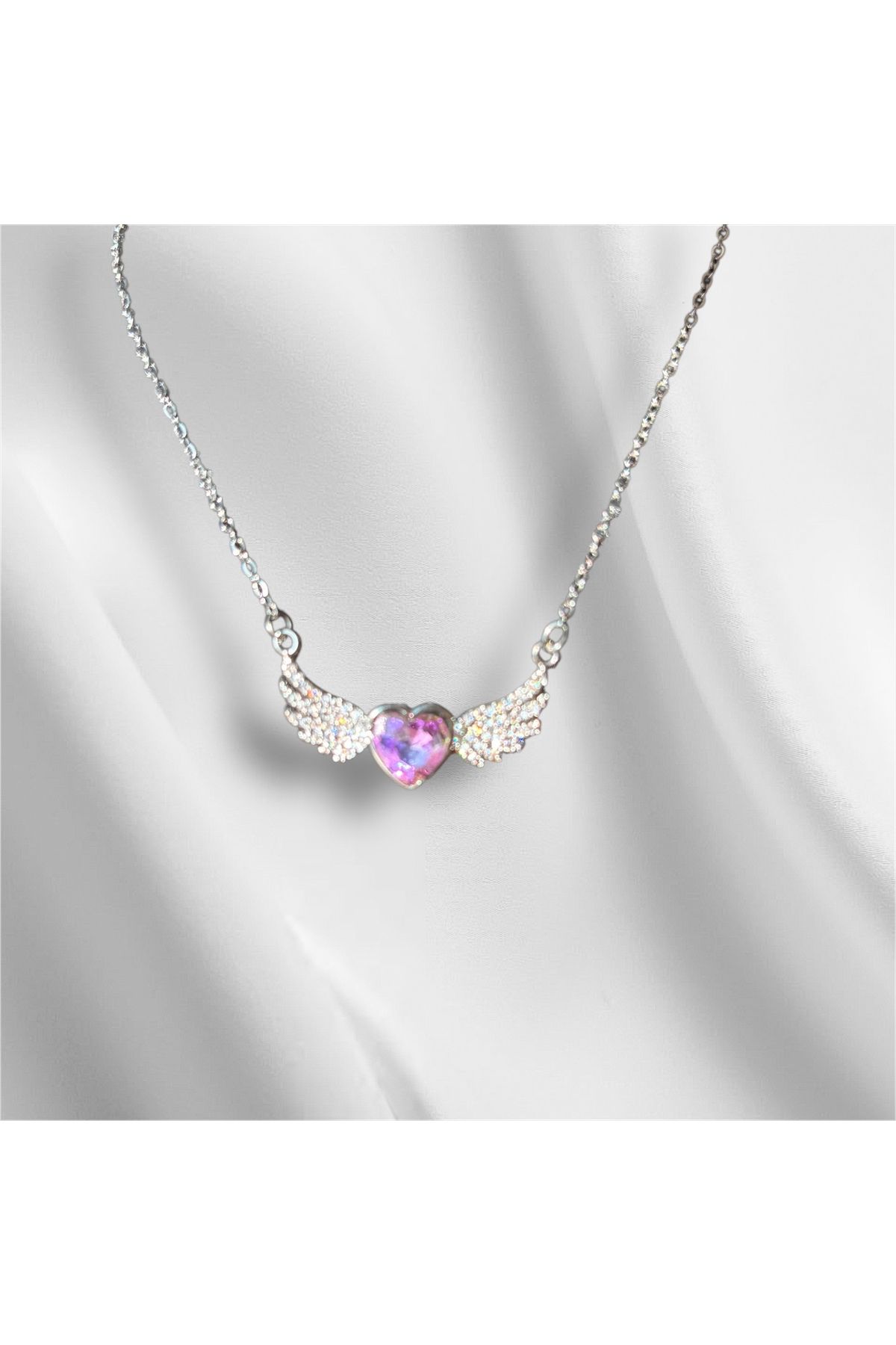 DA Accessories Çelik Taşlı Kanatlı Pembe Kalpli Gümüş Rengi Kolye