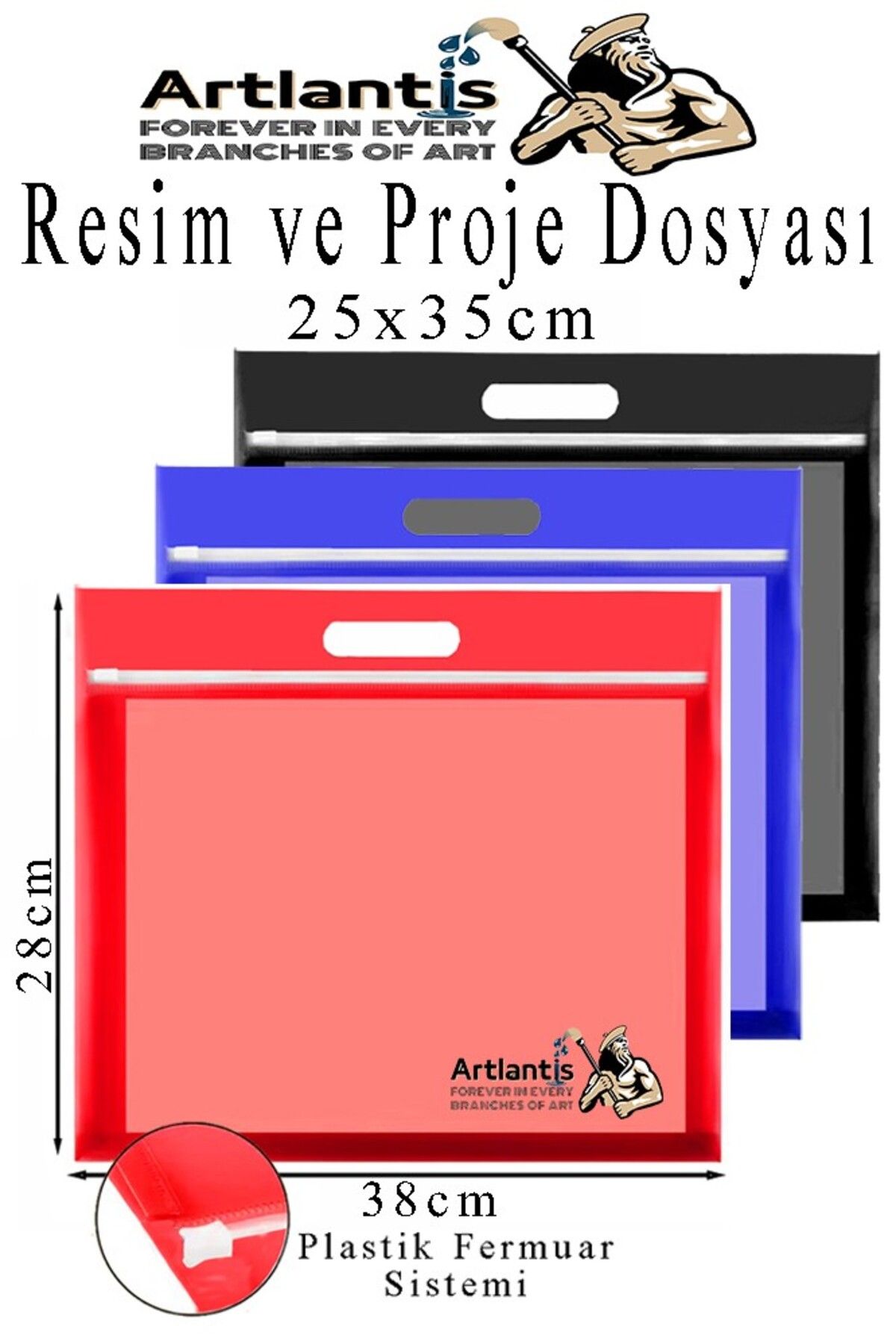 Artlantis Renkli Plastik Fermuarlı Proje Dosyası 25x35 cm 3 Adet Tutmaçlı 28x38 cm Resim ve Proje Ödev Dosyası