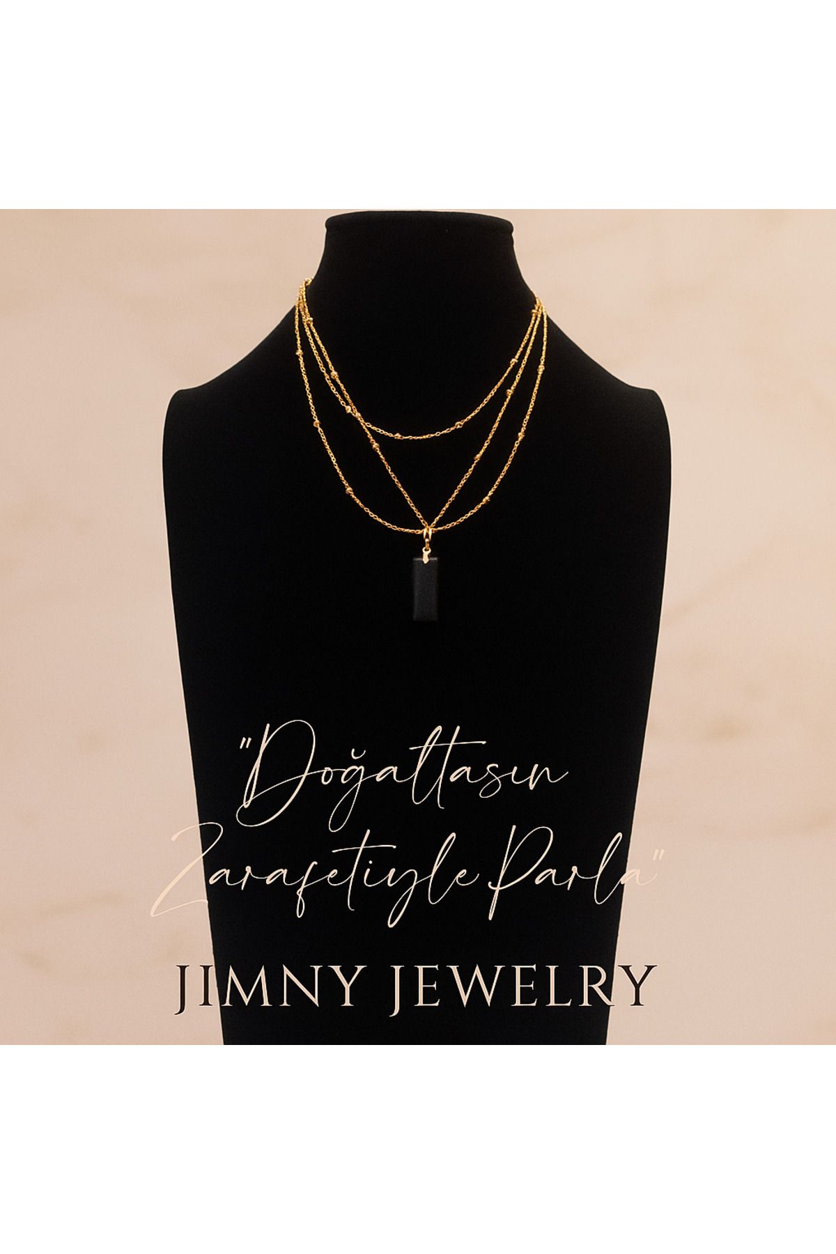 JİMNY JEWELRY Pelot Gold Oniks Uçlu Kolye