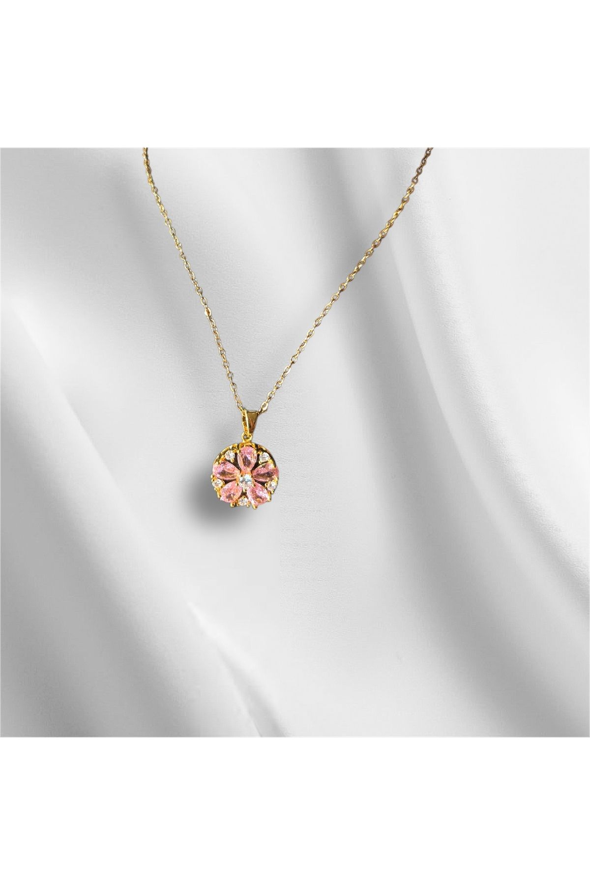 DA Accessories Taşlı Parıltılı Çiçekli Pembe Çelik Kolye Altın Rengi