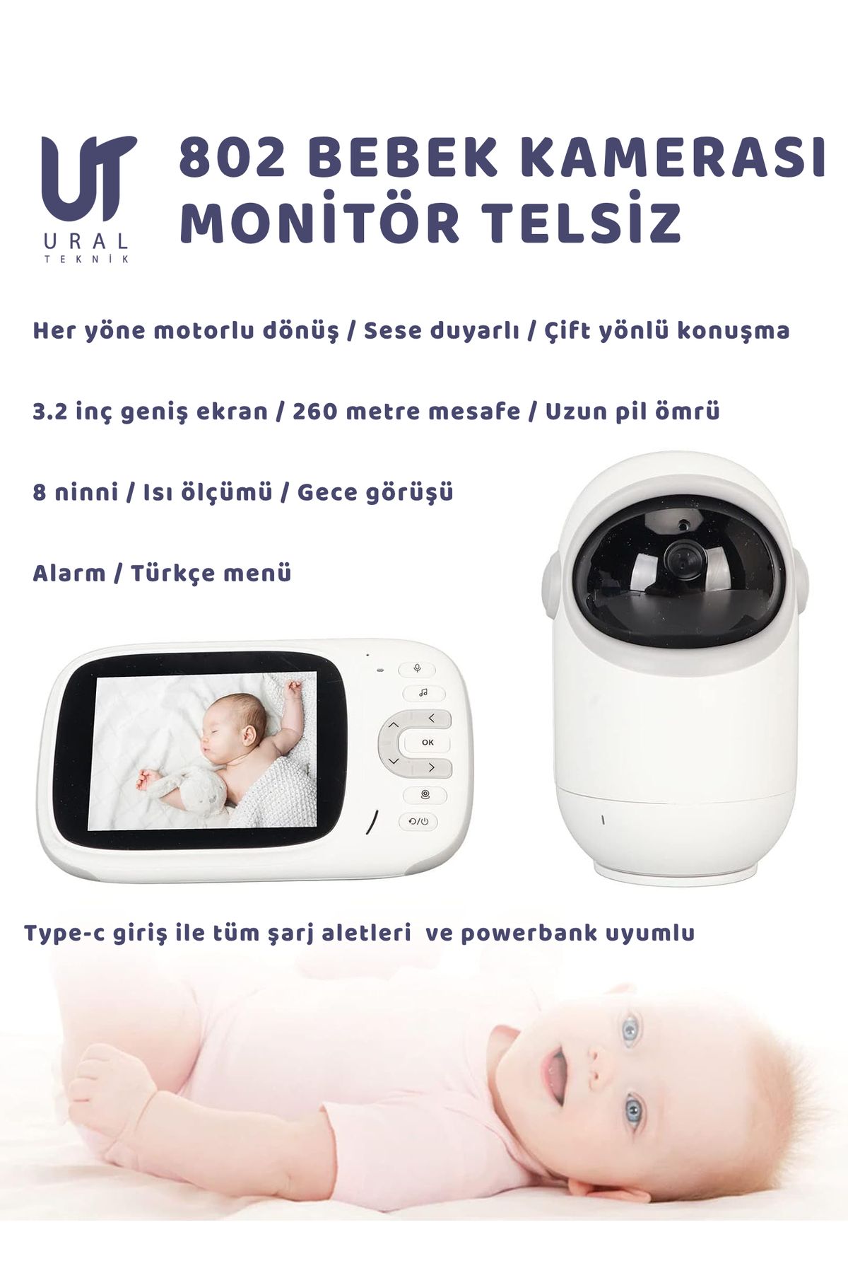 UralTeknik İzleme Ekranlı Gece Görüşlü Bebek Monitörü ve İzleme Kamerası Oda Isısı Nenniler Telsiz Ev Seyahat