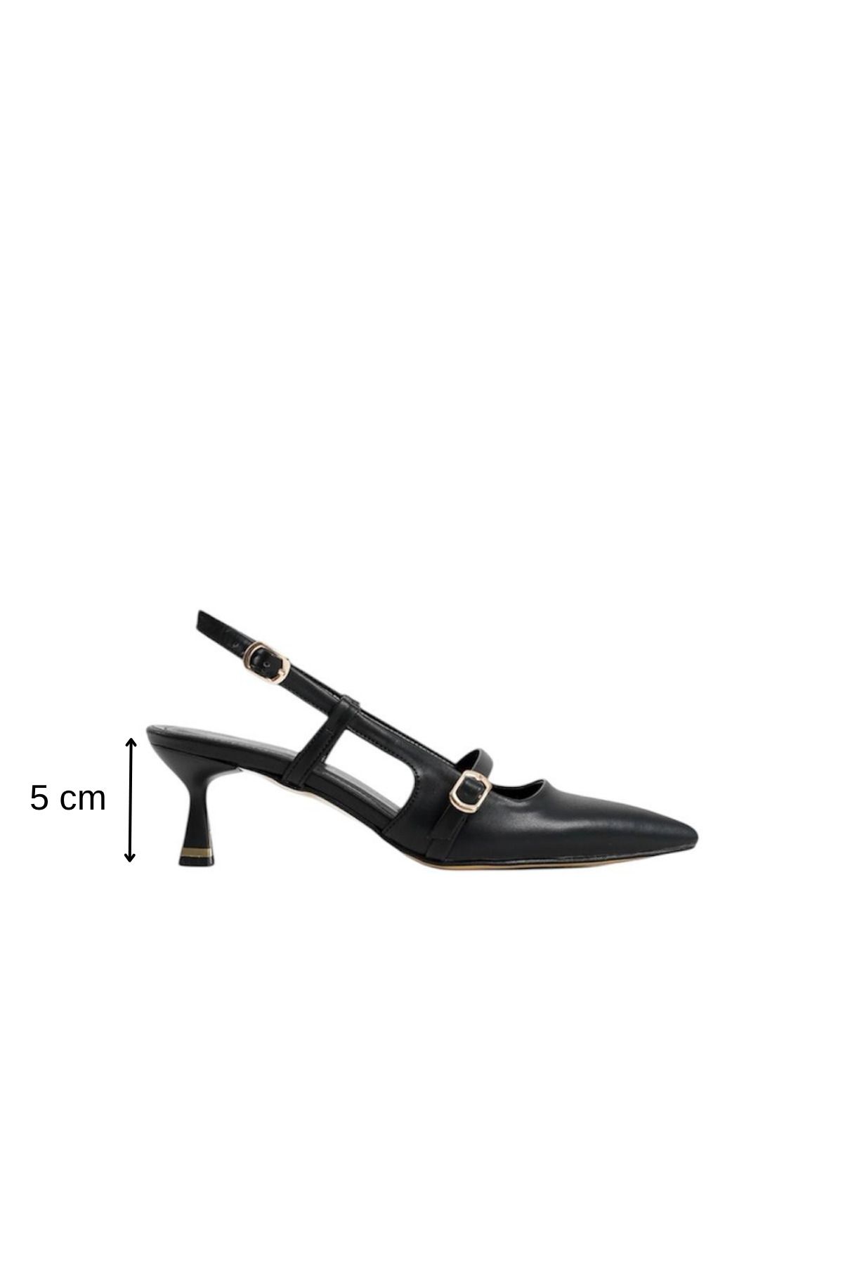 MASSOLE Kadın Siyah Deri 5 cm Arkası Açık Stiletto Özel Tasarım Topuk İthal Tokalı Şık Rahat Yeni Sezon