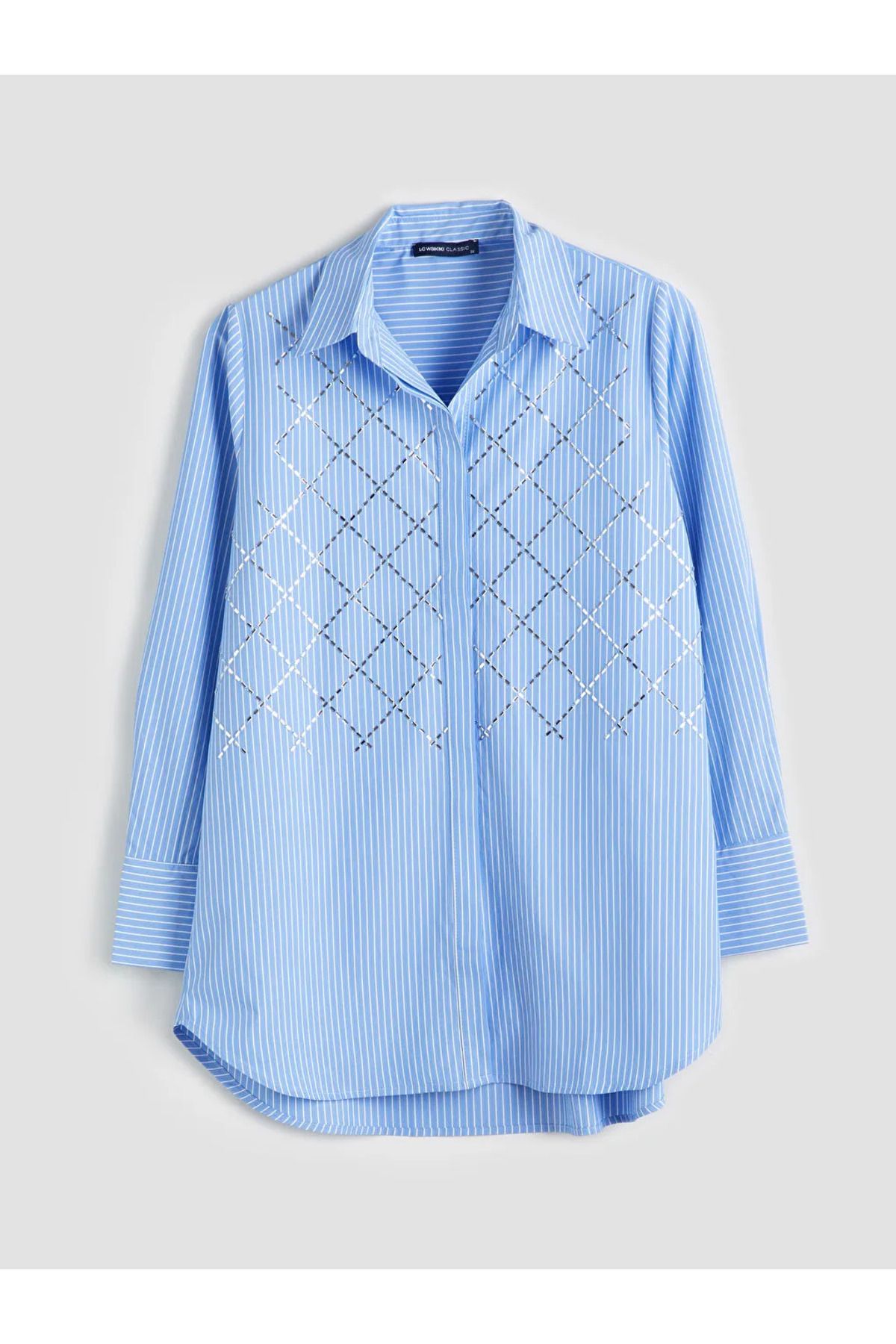 LC Waikiki LCWAIKIKI Classic Mavi Çizgili Parlak Taş Baskılı Kadın Gömlek Tunik