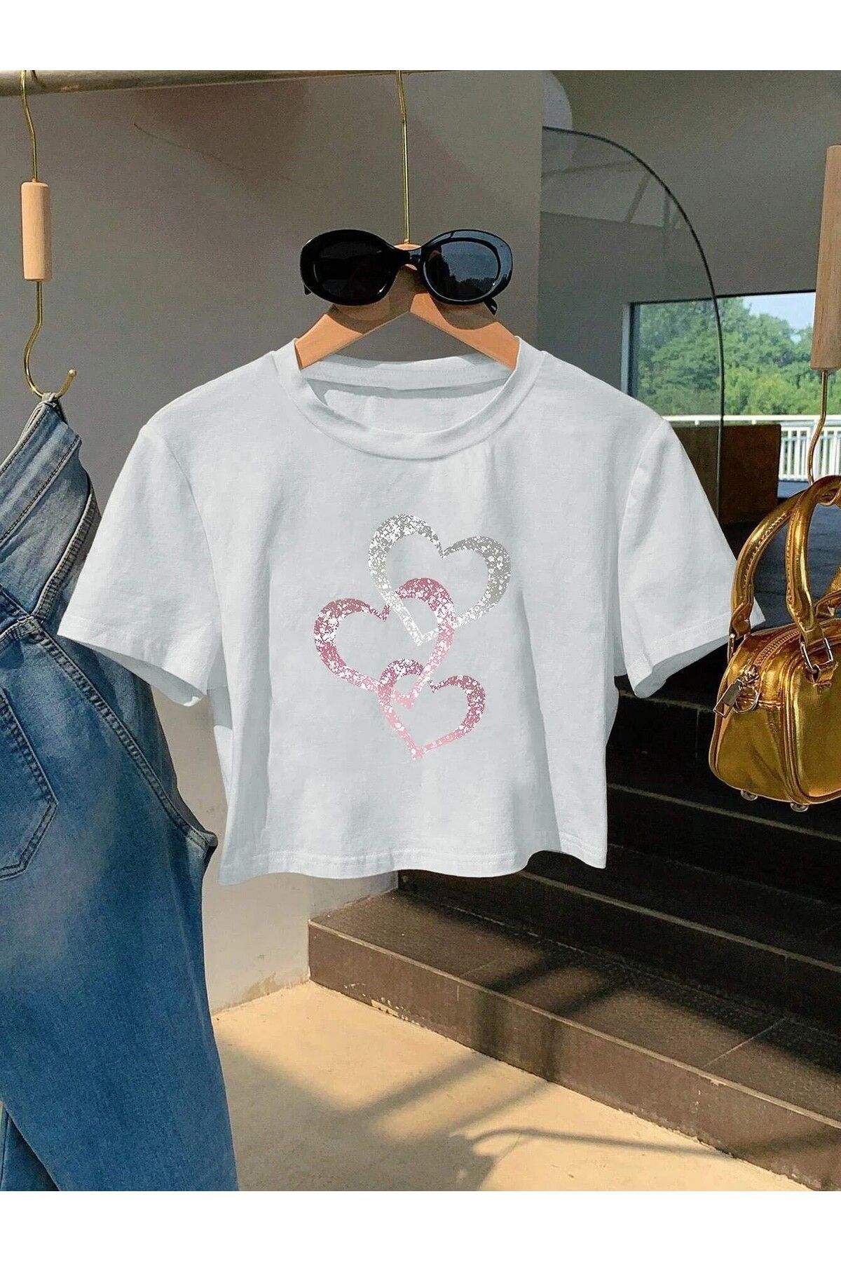 LEIVOR Üçlü Kalp baskılı Kadın Oversize Crop T-shirt